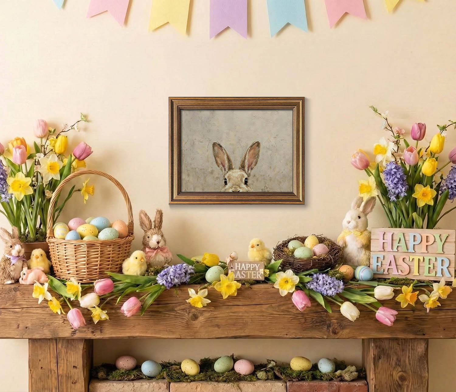 Wemandh Gold Framed Vintage Easter Bunny Wall Art - Muted Spring Rabbit Oil Painting Print, Farmhouse Easter Wall Decor, Rustic Cottagecore Animal Picture for Shelf, Mantle & Holiday Home Decor (Framed, 9.5'' x 12'') — view 3