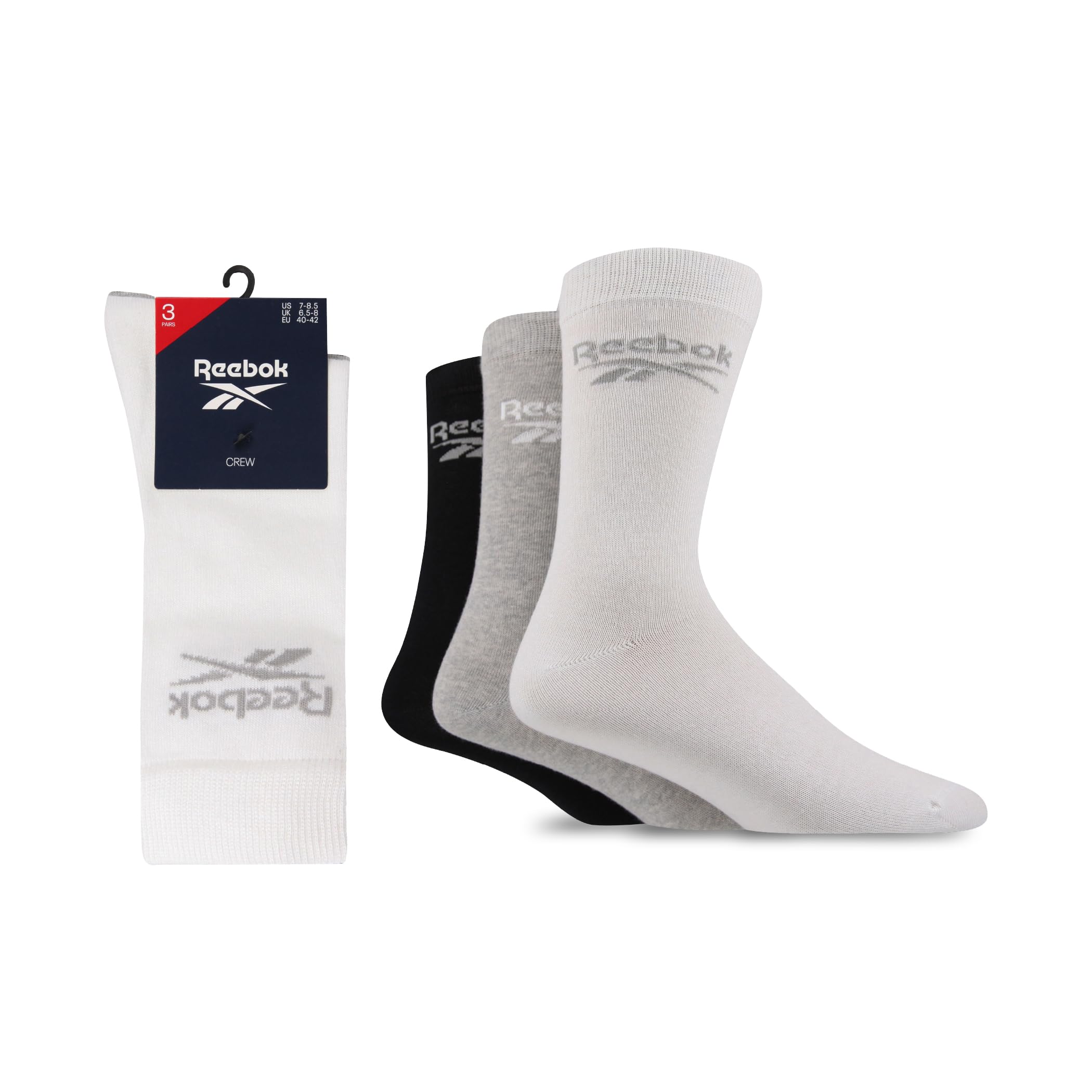 Reebok 'Core' Ribbed Cushioned Socks - Unisex, Mens & Ladies Soft Cotton Regular Crew Calf Length, Arch Support & Seamless Toes 3 Pairs Size Range UK 2.5-12.5 White/Grey/Black 8.5-10