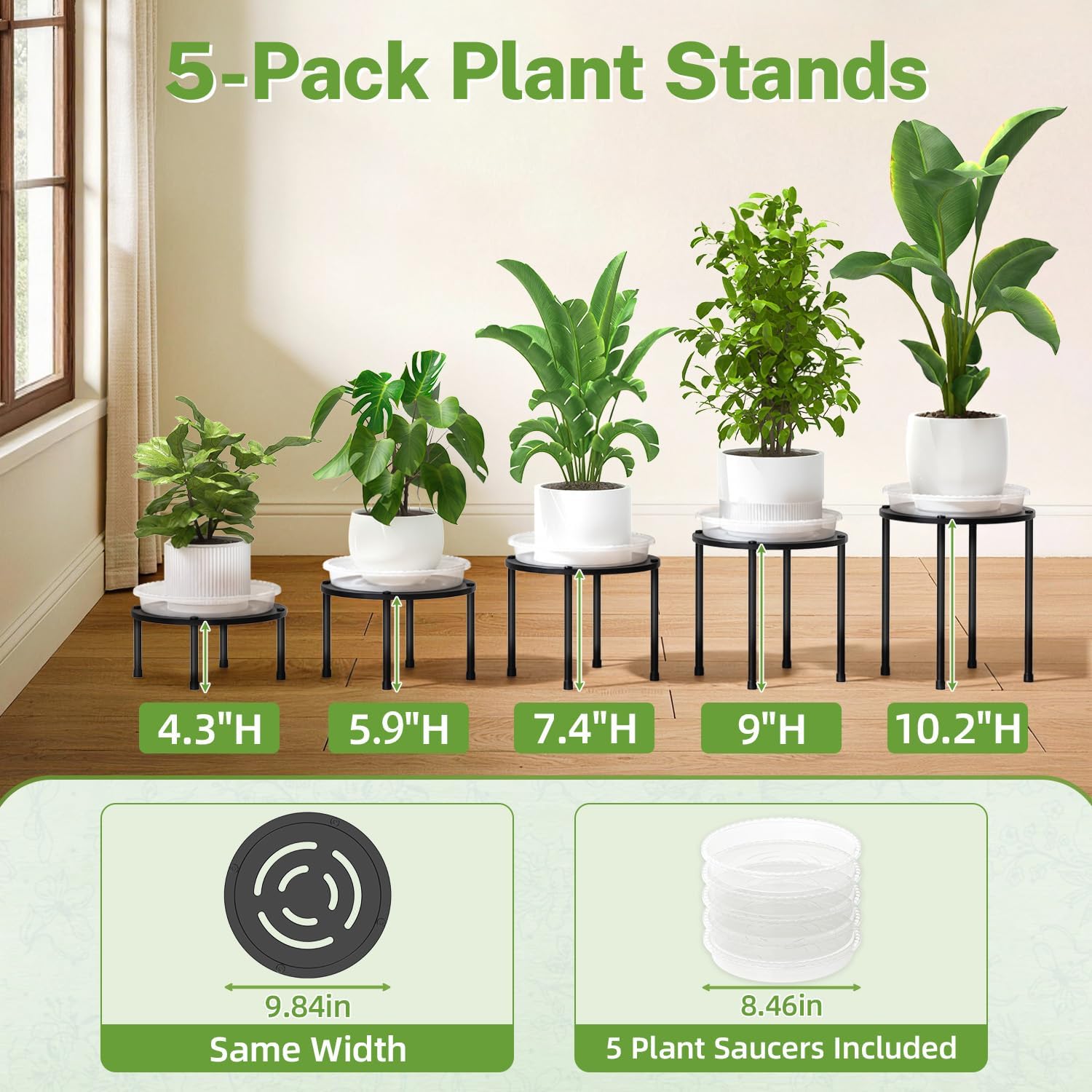 iDavosic.ly 5-Pack Metal Plant Stands with 5 Plant Saucer Tray, 10 Inch Small Flower Pot Holder for Indoor Outdoor, Anti-Rust Heavy Duty Iron Planter Stool, Sturdy Round Plant Risers, Black