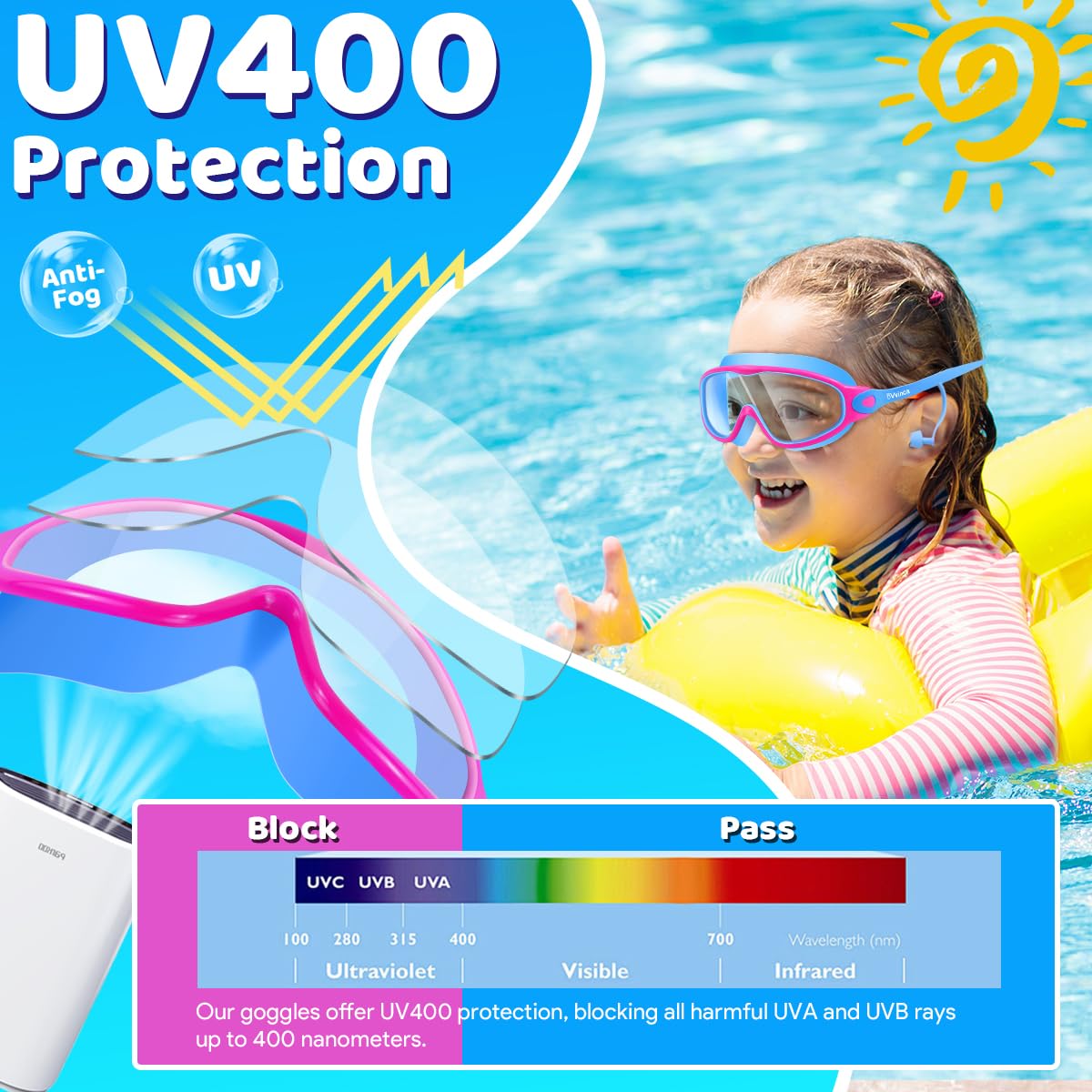 Vvinca Lunettes de natation pour enfants avec bouchons d'oreilles et pince-nez - Lunettes de natation anti-buée/UV pour garçons et filles de 3 à 15 ans