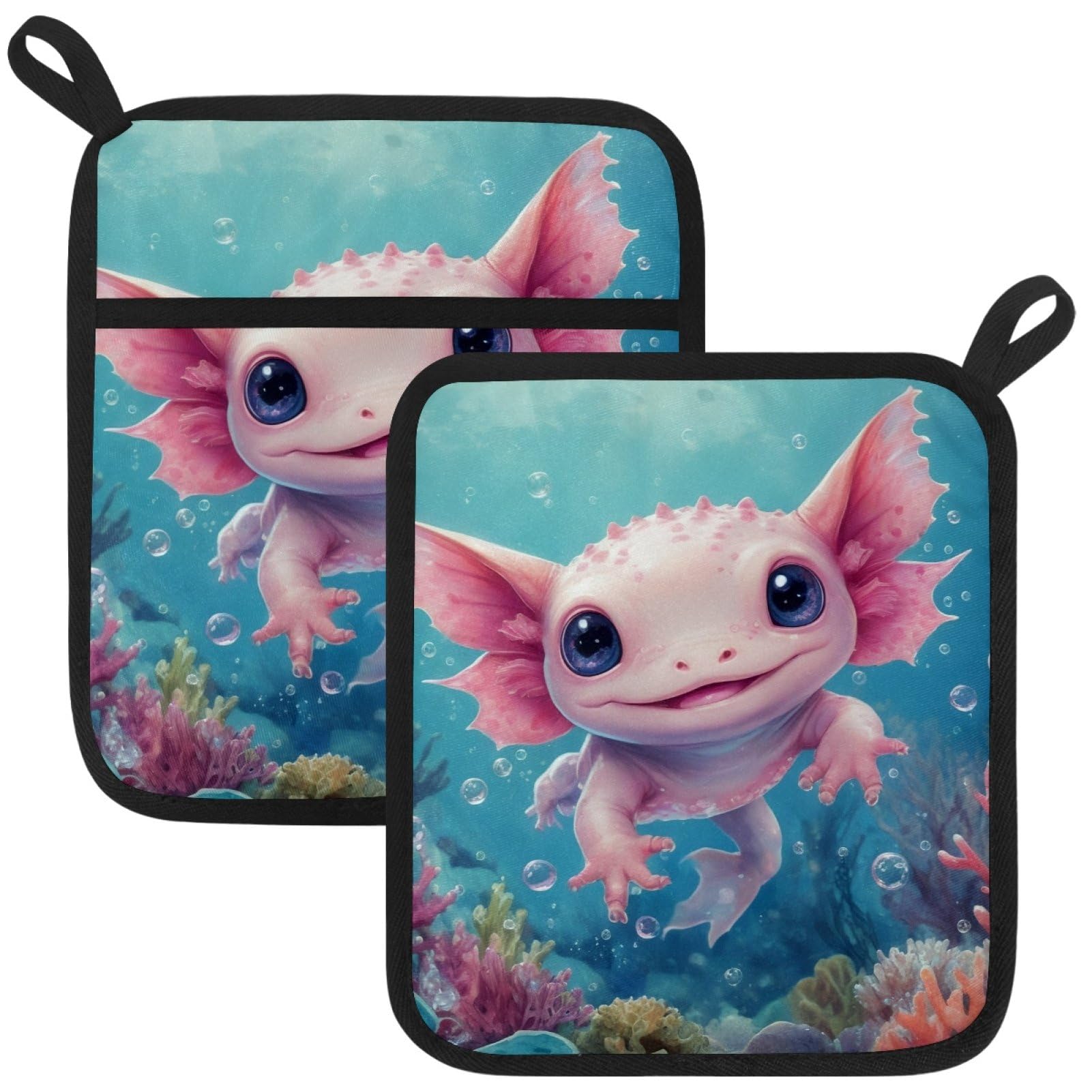 VAPOKF Axolotl Pot Holders with Pocket for Kitchen Heat Resistant Potholders Large Polyester-Cotton Square Oven Mitts Set