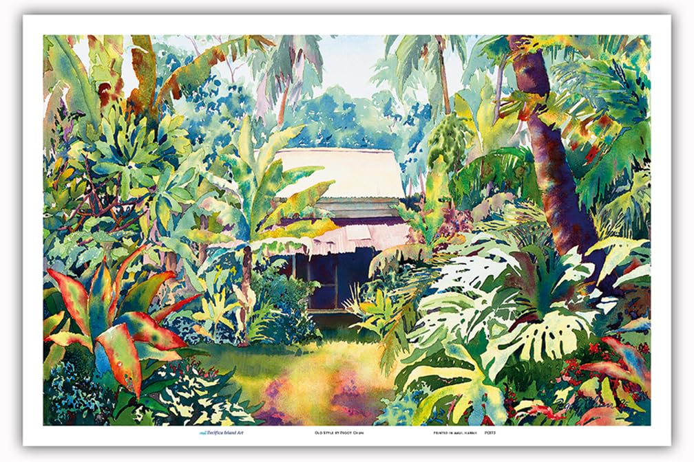 Pacifica Island Art - Old Style - Hawaiian Jungle Surf Shack - from an Original Hawaii Watercolor Painting by Peggy Chun - Master Art Print - 12in x 18in