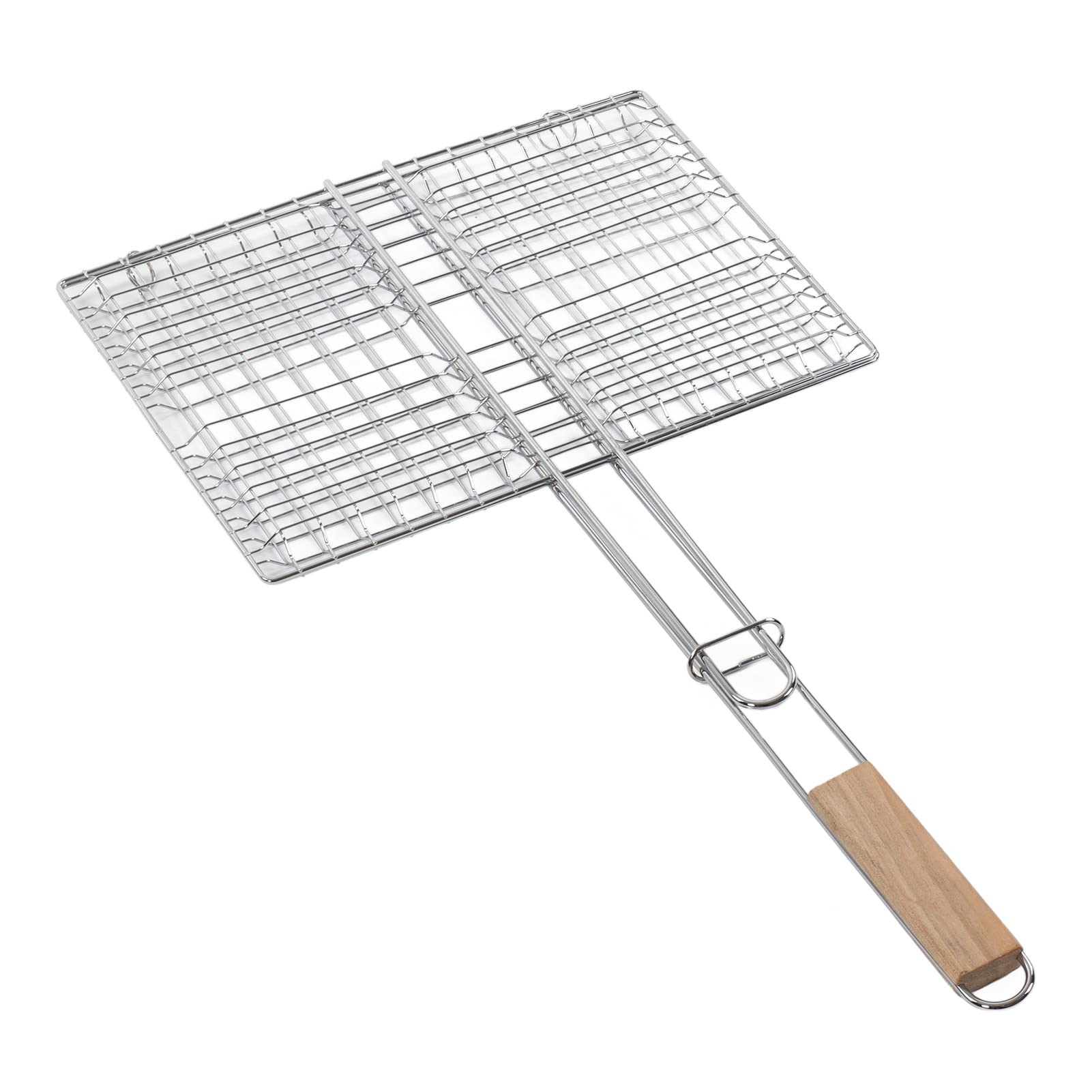 Cestello per griglia, griglia in acciaio inossidabile, distribuzione uniforme del calore, antiruggine, facile da fissare, griglia per pesci, manico in faggio antiscottatura, griglia per barbecue