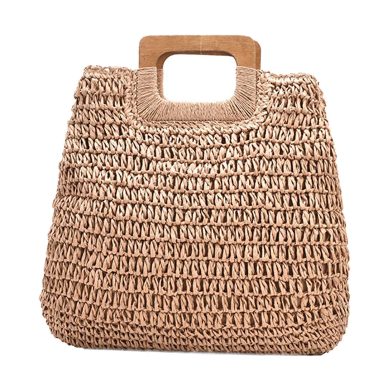 Strandtasche Groß aus Stroh, Handgewebte Tragetasche Khaki