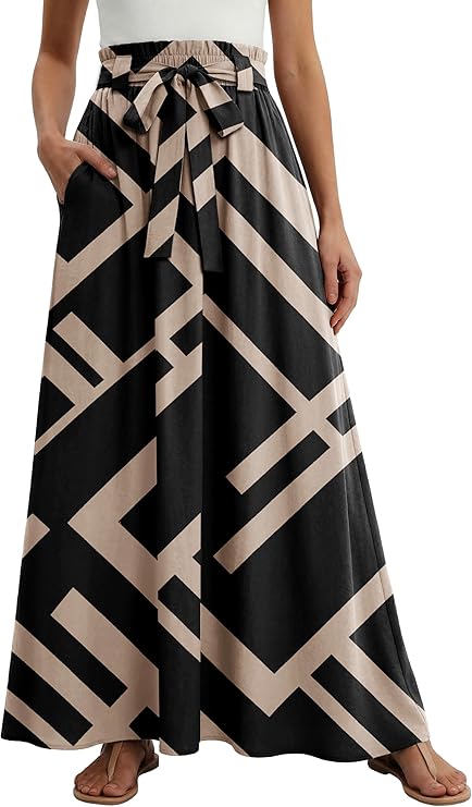 Lepunuo Women Flowy Maxi Skirts Paper Bag High Waisted Long Skirts with Pockets Summer Casual Tie Waist A-Line