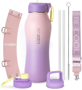 Coolflask 32 oz Water Bottle Insulated with Strap, Stainless Steel Water Bottle with Straw, Meta Water Flask Double Wall Vacuum Cold for 48 Hrs Hot for 24 Hrs, Lilac Purple
