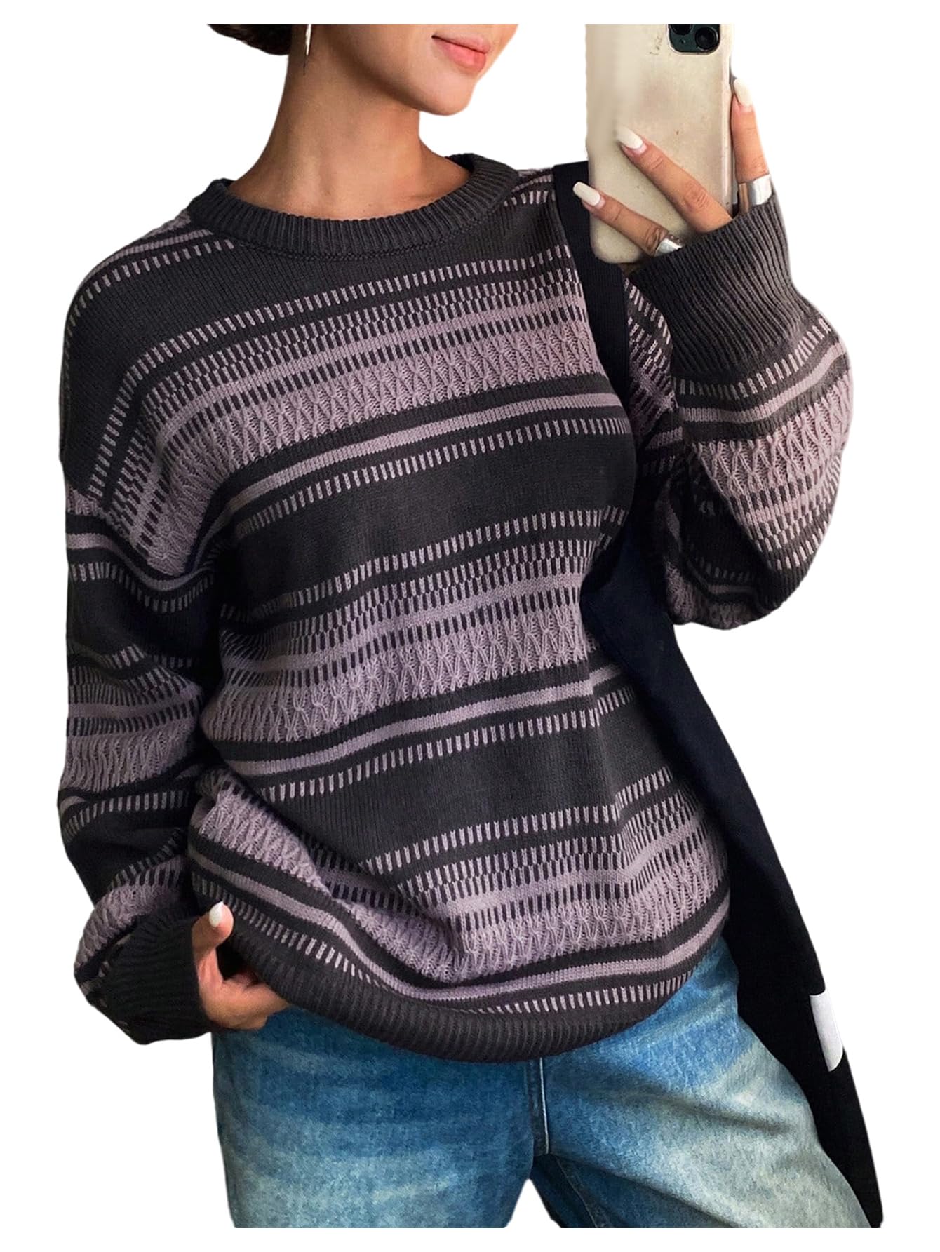 Milumia Womens Striped Knit Sweater Top Long Sleeve Oversize Pullover Tops Knitwear