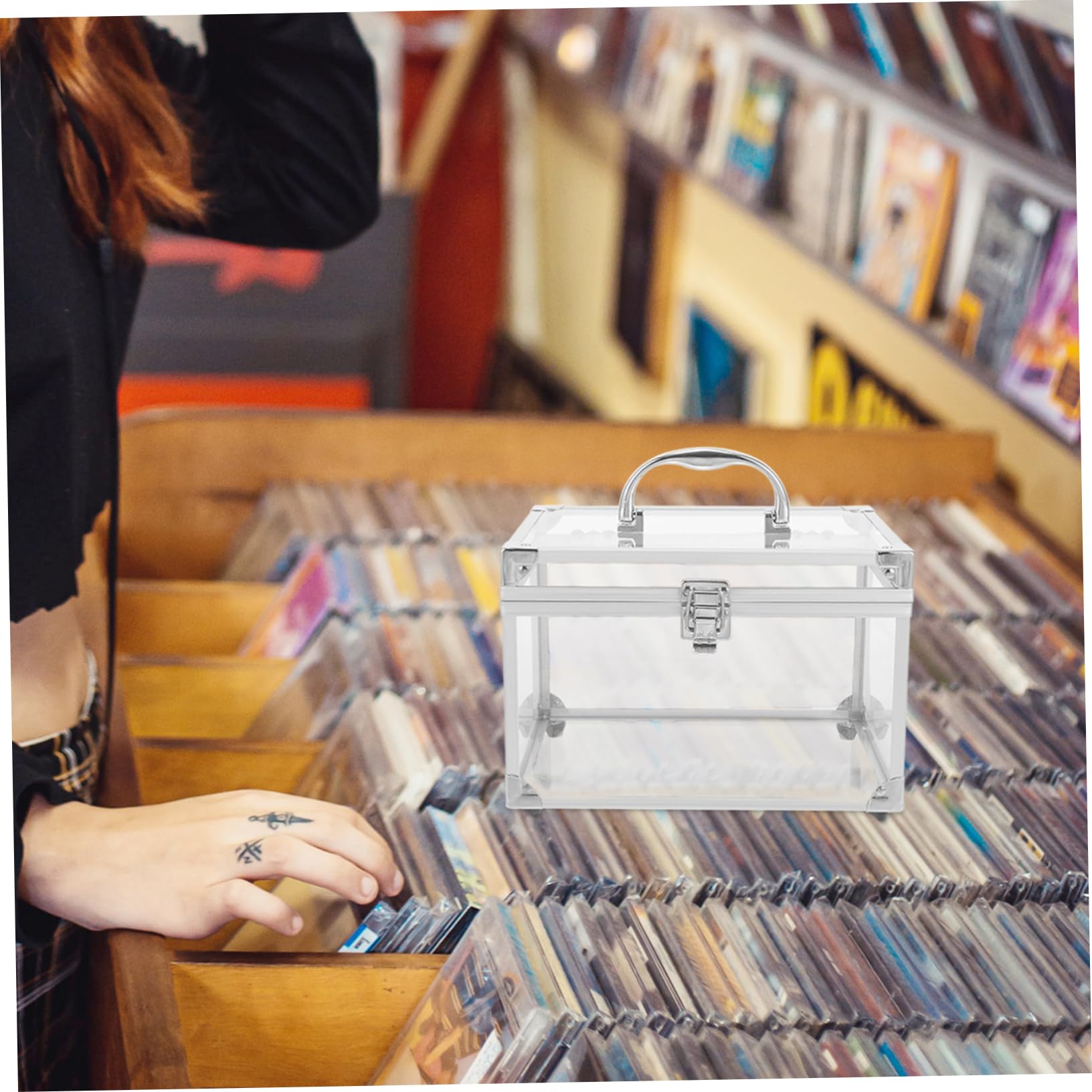 Contenitore CD in Acrilico con Maniglia, Argento, Trasparente | Organizzazione Dischi, Facile da Trasportare, Formato Compatto per Archiviazione Ordinata