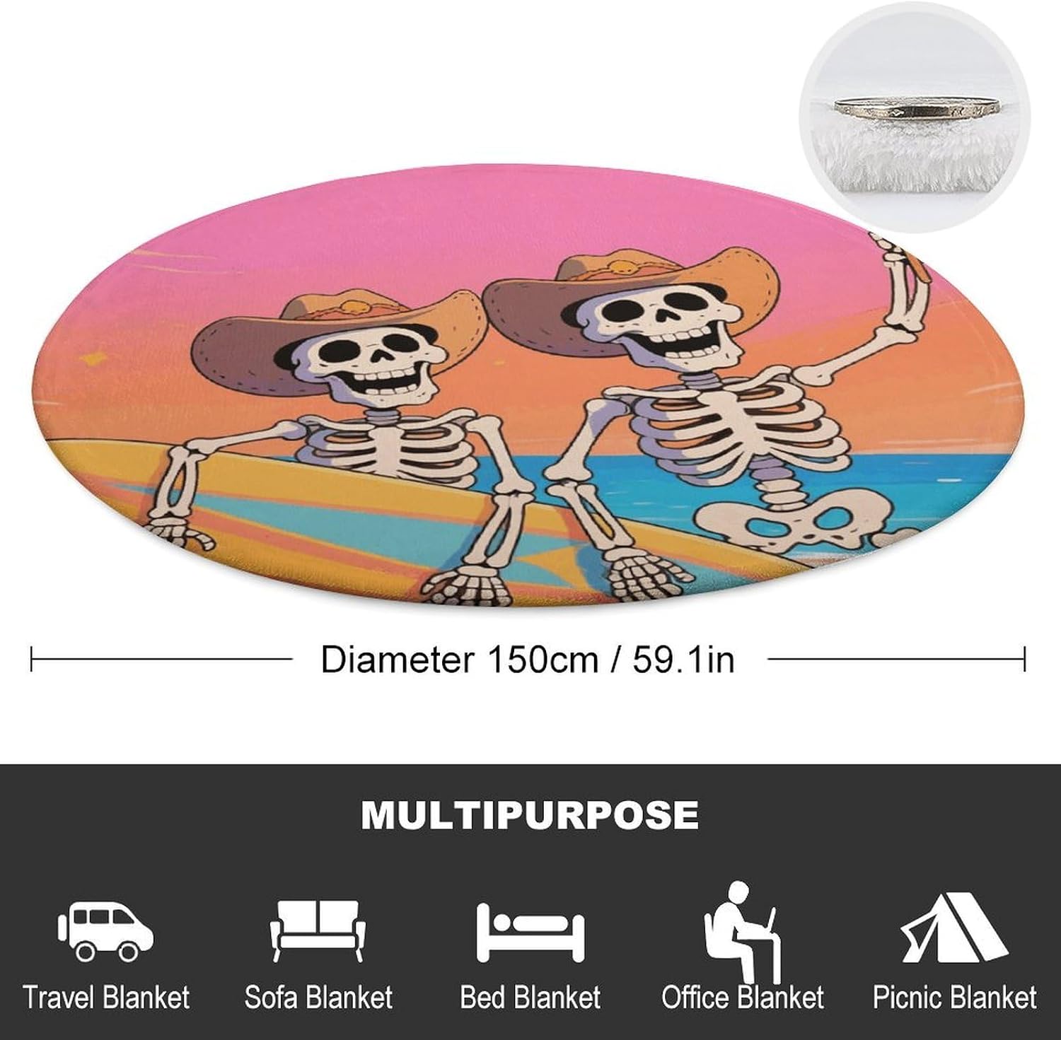 Funny Skull Throw Blanket Round Beach Towel | 59.1 Inch Circular Flannel blanket Large Soft Beach Blanket Lightweight Foldable Beach Towel Throw for Daily Leisure Use