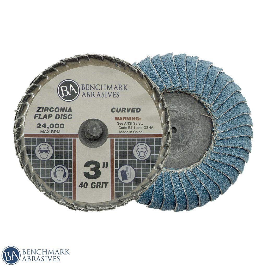 Benchmark Abrasives 3" Quick Change Zirconia Flap Disc Curved Grinding Wheel w/Male R-Type Back Design - Cleaning Finishing Deburring of Irregular Surfaces - for Die Grinder & More (10 Pack) 40 Grit