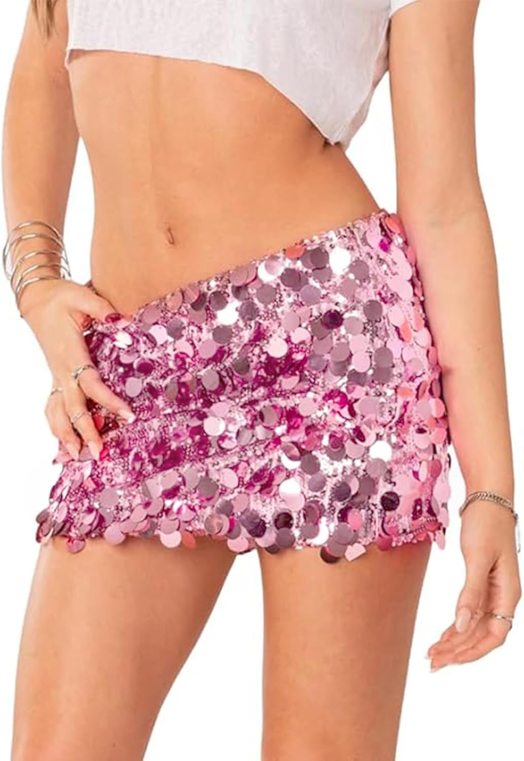 ANKOMINA Women's Sexy Shiny Sequin Mini Skirt Glitter Low Waist Pencil Skirts Bodycon Dance Party Club Short Skirt Small Pink