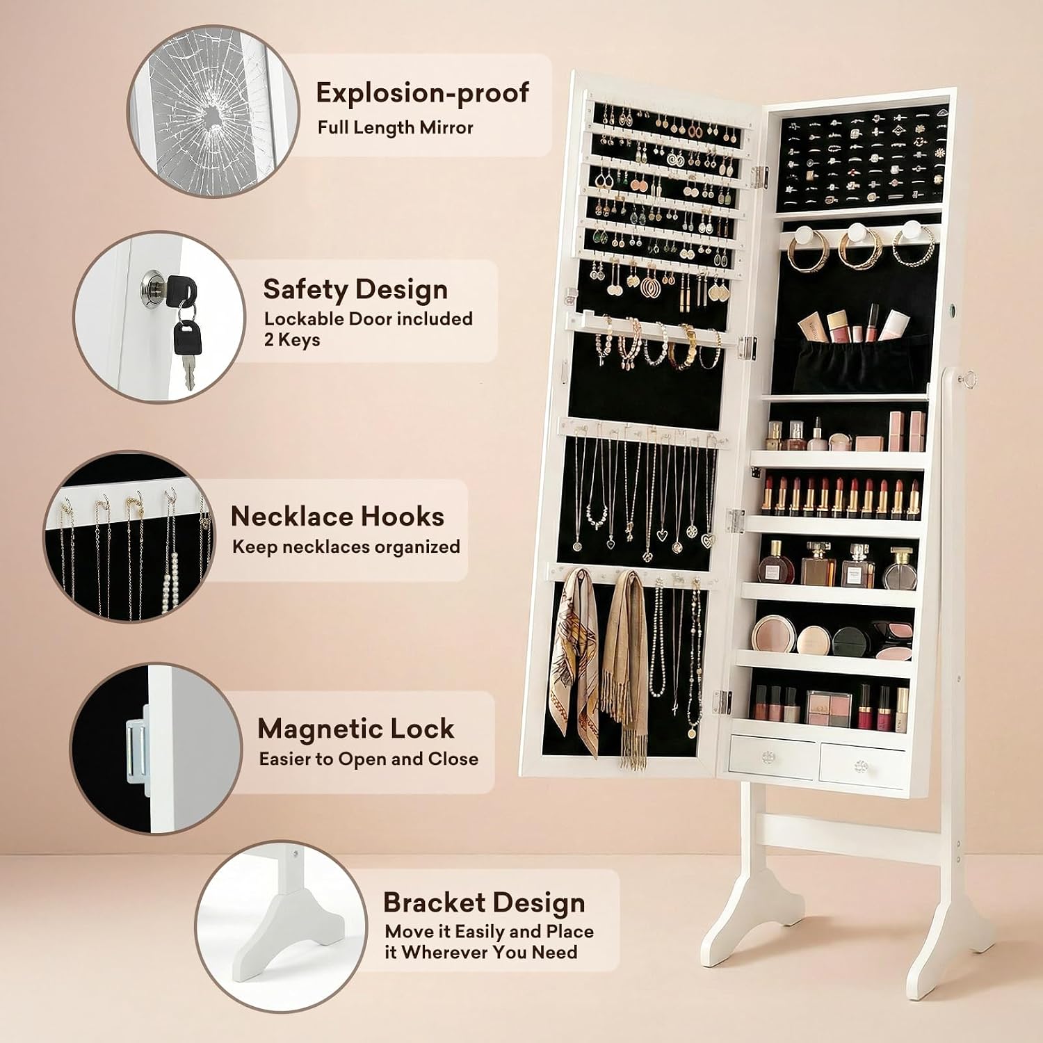 Antok Full Length Jewelry Cabinet with Mirror & Large Storage - 61" Standing Lockable Armoire Organizer, Floor to Ceiling Model for Bedroom or Dressing Room, White