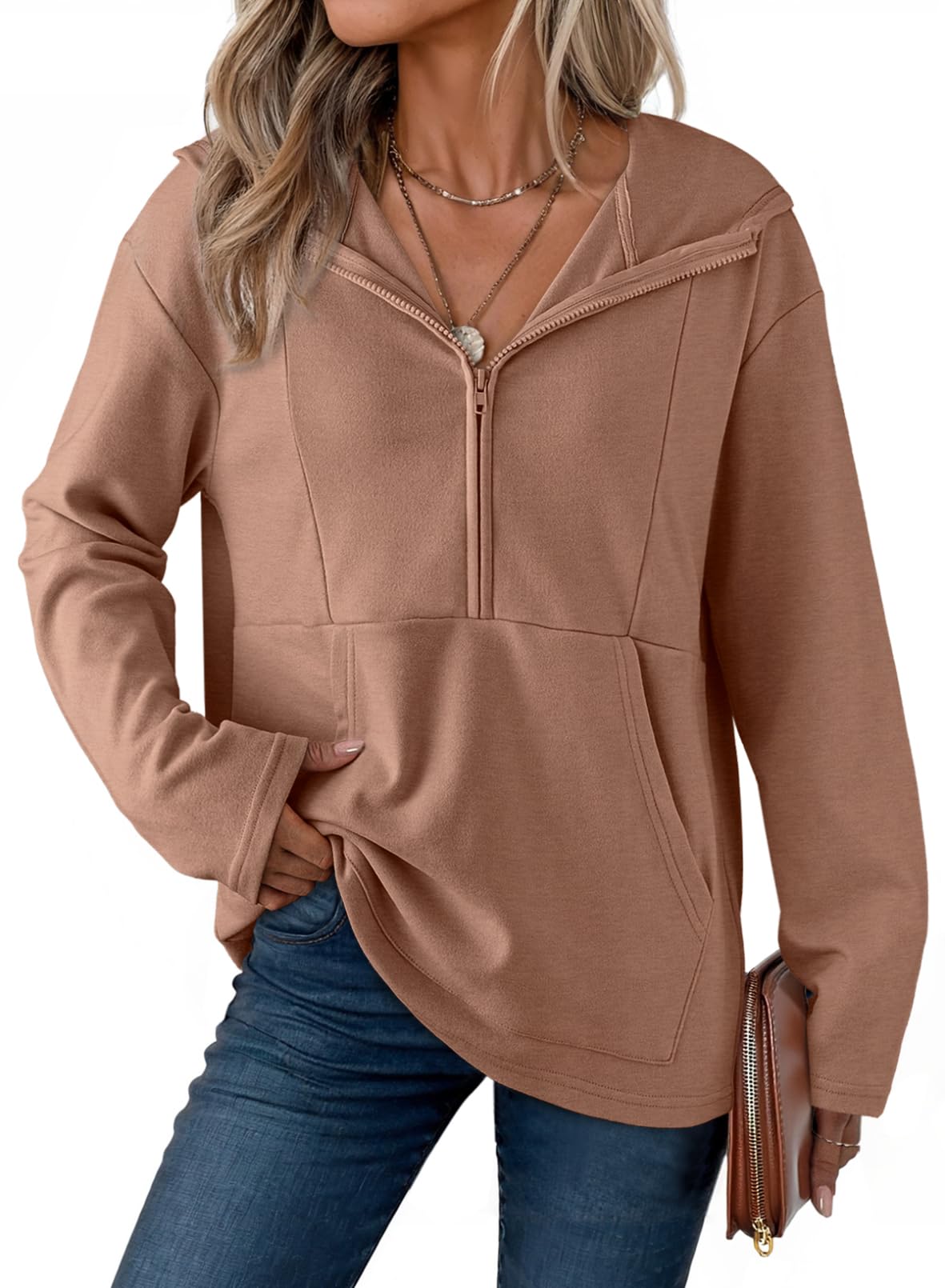Dokotoo Kapuzenpullover Damen Hoodie Oversize Langarm Reißverschluss Half Zip Pullover Sweatshirts mit Taschen Oberteil Warm Weich Fleece Herbst Winter Lässig Hoodies Oberteile S-XXL