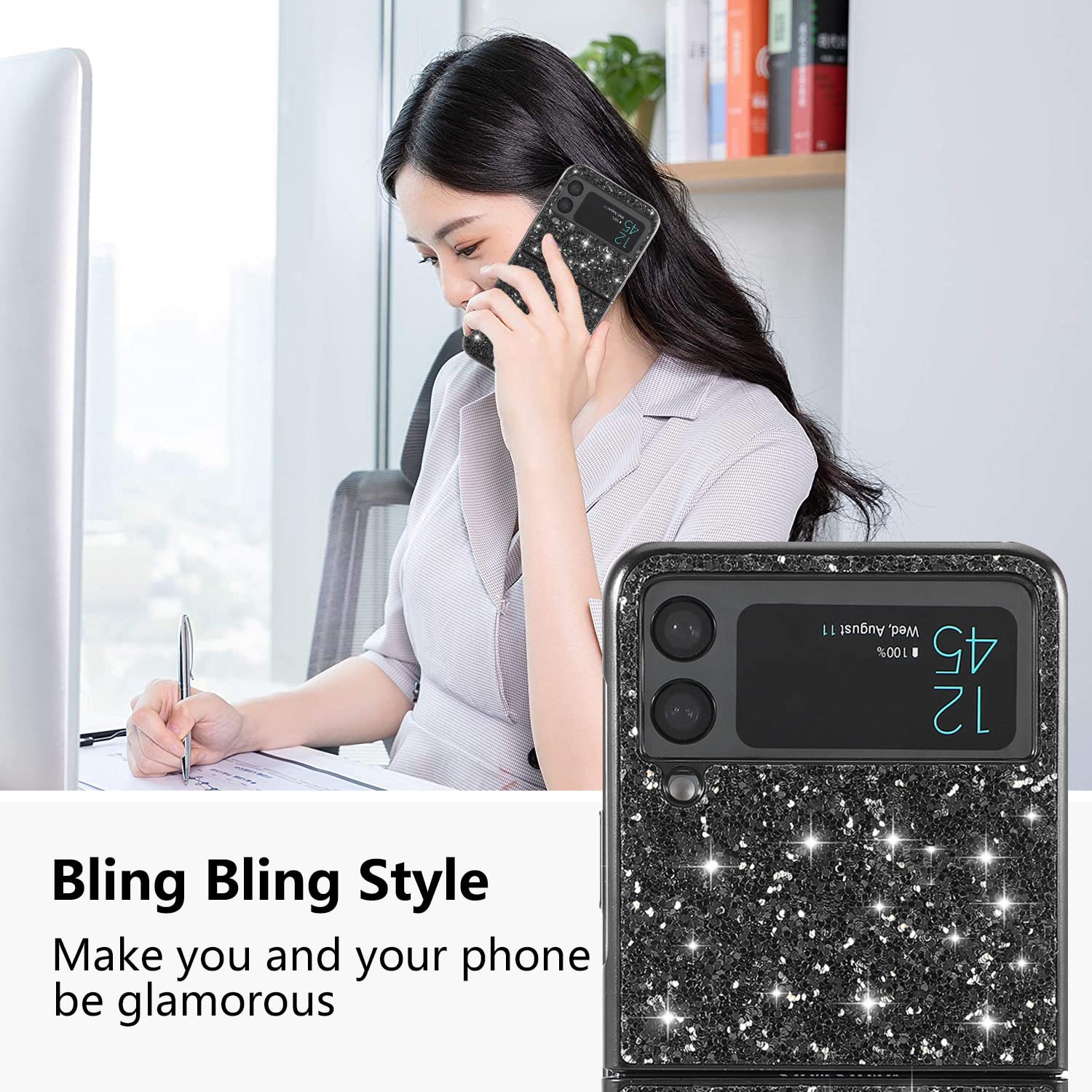 Compatible with Samsung Z Flip 4 Case Glitter Shockproof,Phone Samsung Galaxy Z Flip 4 Case Bling Sparkly Soft TPU and PC Silicone Shiny Girl Women Thin Protective Cover (Black)