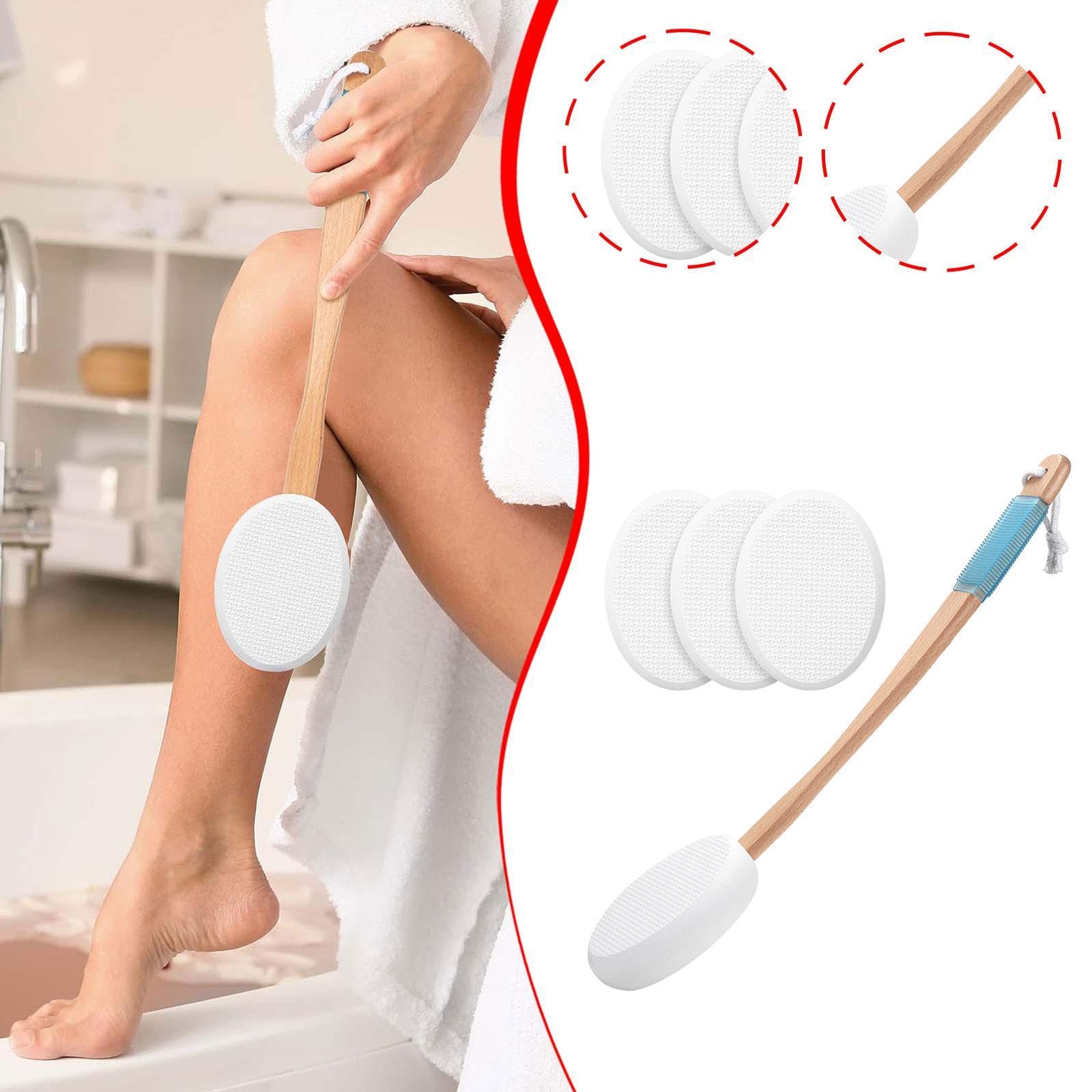 Oshhni Aplicador de loción para espalda y pies, 4 almohadillas reemplazables, ligero, de largo alcance y mango de madera largo para aplicar crema