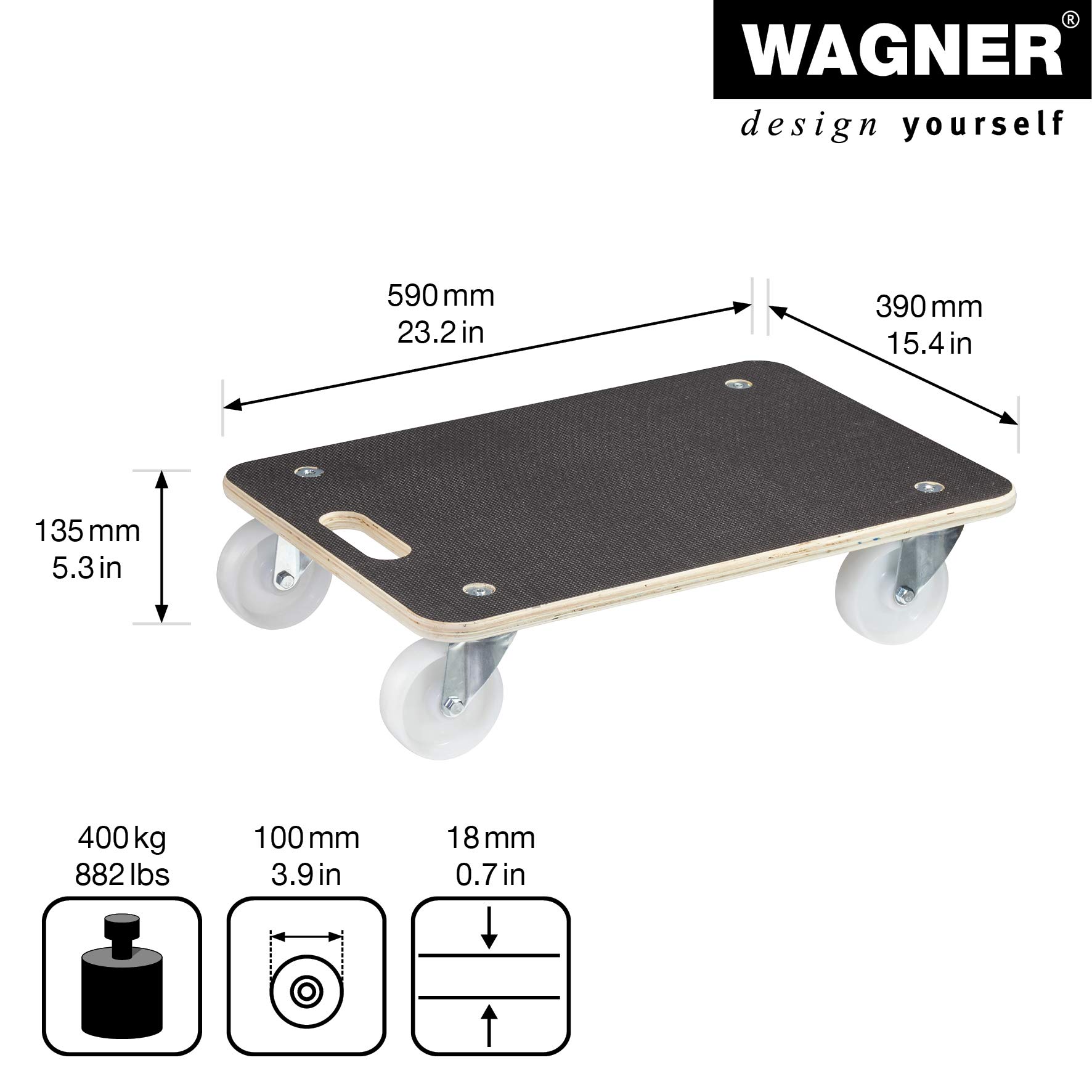 Wagner Plataforma de Carga MM 1614-59 x 39 cm - para Cajas Pesadas, 400 kg Carga Máxima, Asa de Transporte, Superficie Antideslizante, Certificado FSC® - 20161401