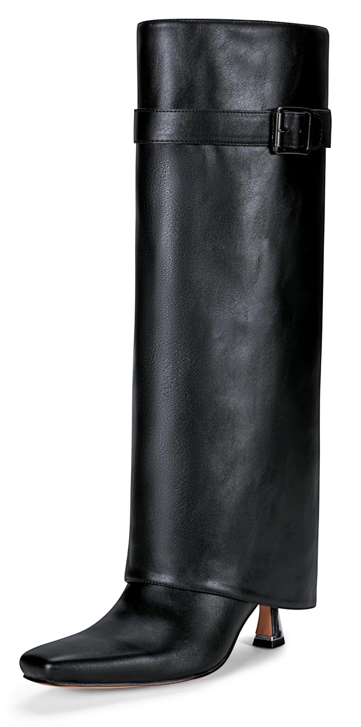 Vepose Knee High Tall Long Boots for Women Square Toe Fold Over Fashion Cute Kitten Heel Faux Leather