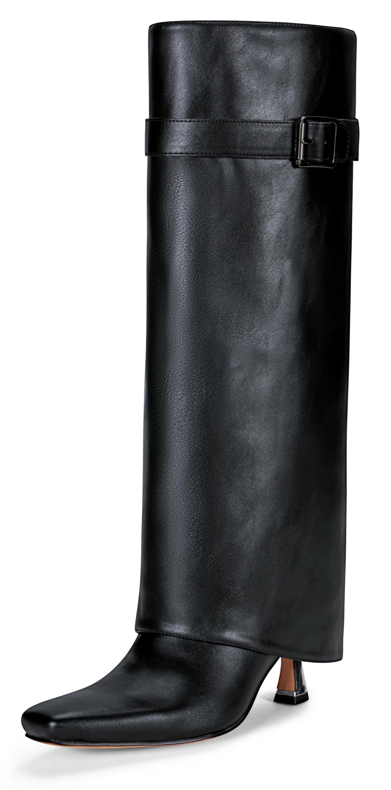 Vepose Knee High Tall Long Boots for Women Square Toe Fold Over Fashion Cute Kitten Heel Faux Leather