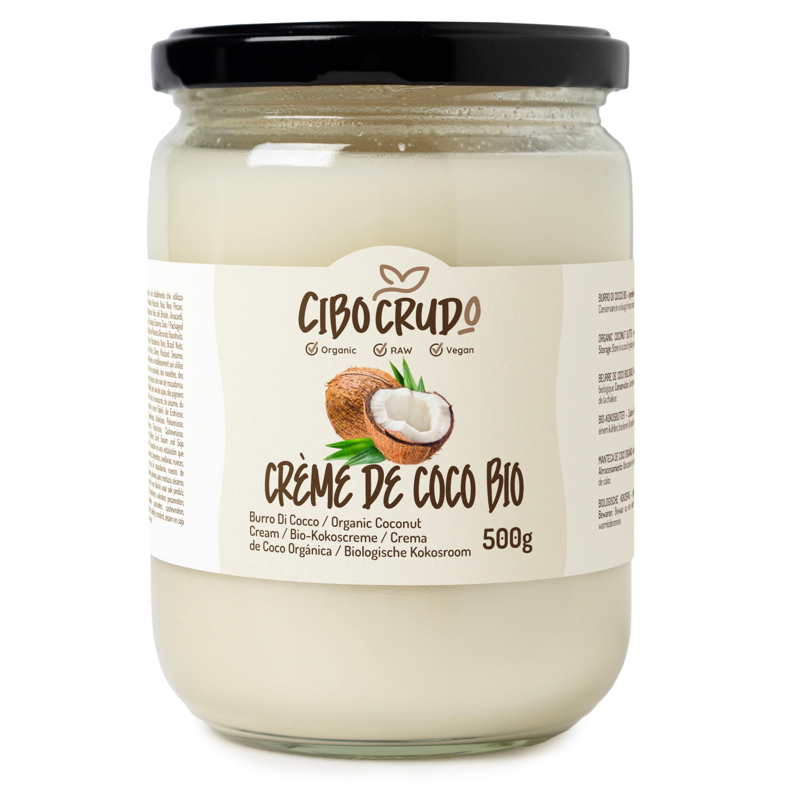 Creme de Coco bio - 500ml. Beurre de noix de coco biologique extrait à froid sans sucre. Idéal pour la cuisine végétalienne, les bonbons à la noix de coco et les gâteaux