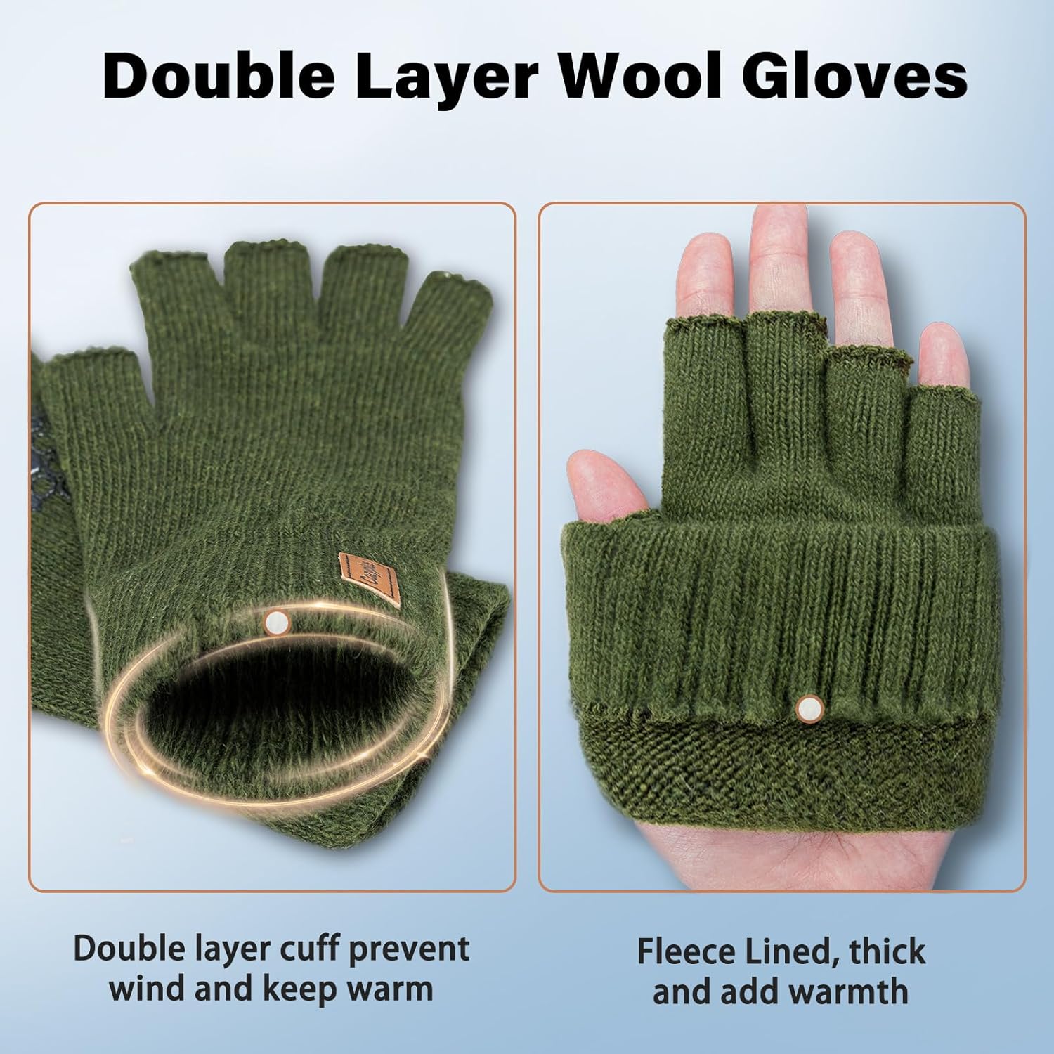 Fullsheild Merino Wool Fingerless Gloves Half Finger Wool Gloves for Men Women Winter Unisex Knit Fingerless Mittens - Image 2