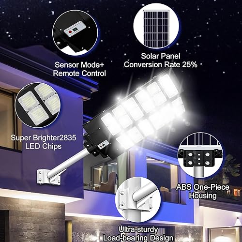 Miniatura 6 de Aqraou Sensor de movimiento de luz solar de calle de 2000 W, 200000 lúmenes, luces solares de estacionamiento del atardecer al amanecer, luces de