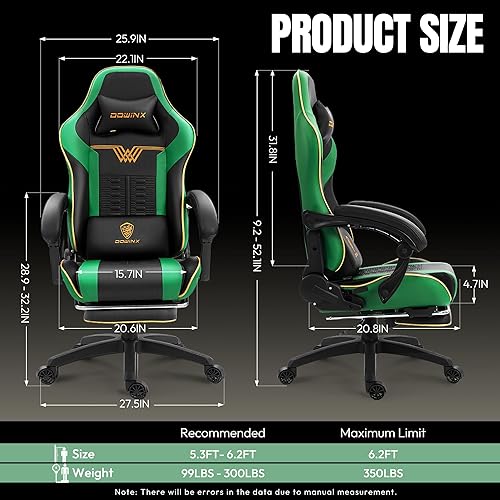 Miniatura 2 de Dowinx Silla de juegos grande y alta, 350 libras, silla de juegos de PC resistente con masaje y reposapiés, silla ergonómica reclinable con diseño