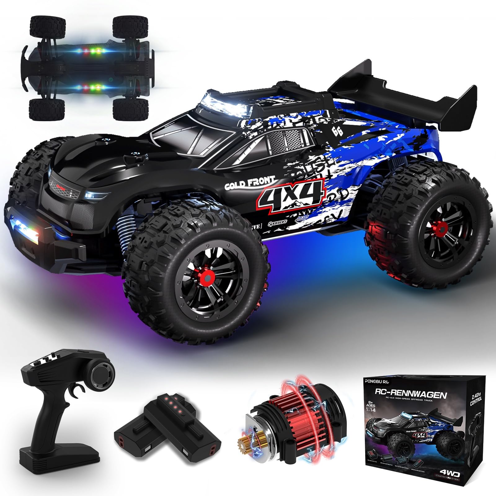 Ferngesteuertes Auto 40KM/H, 1/14 RC Auto mit 7 Farben Lichtern, 2.4GHz Monstertruck Ferngesteuert mit 2x 2000mAh Akku, 4WD Ferngesteuerter Monstertruck RTR All Terrain, RC Truck für Kinder Erwachsene