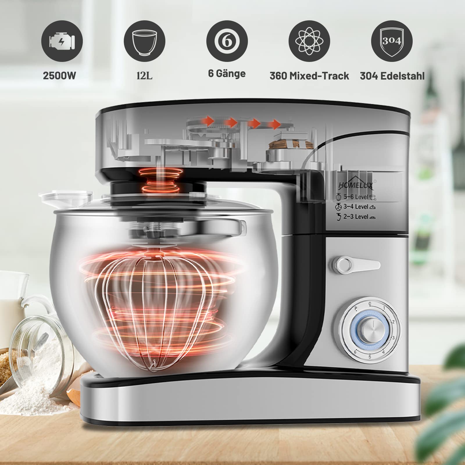 Robot kuchenny Homelux 2000 W, maszyna do ugniatania, 12 l, maszyna do ciasta, 6 prędkości, w zestawie 3-częściowy zestaw do pieczenia i ochrona przed pryskaniem, 6 prędkości z miską ze stali nierdzewnej, SC-667