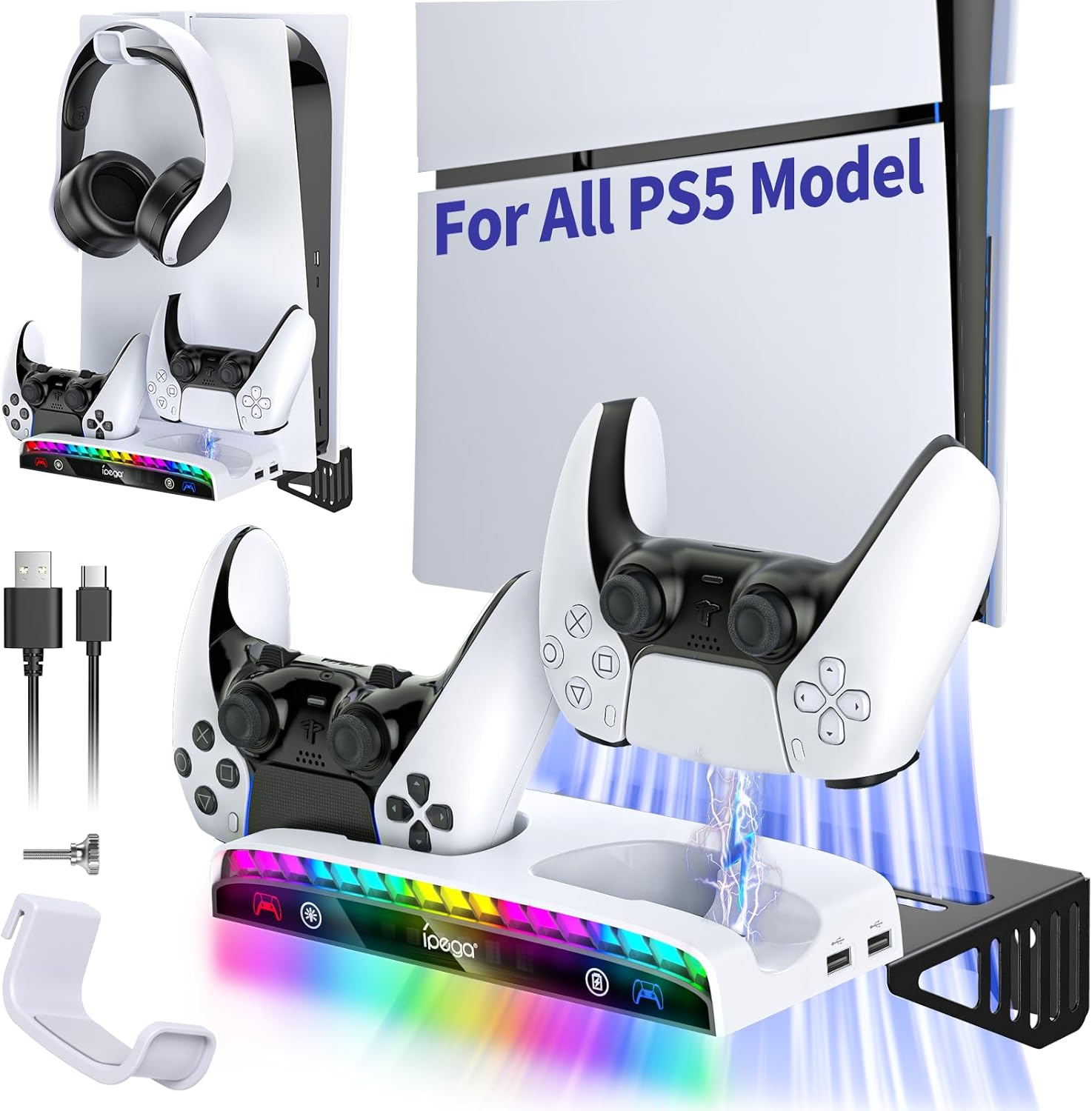 Wall Mount Kit for All PS5 Model Pro/Slim/Original with Charging Station, Controller Charger with RGB Light, Headset Holder & USB Hub for PlayStation 5 Pro/Slim/Original (Disc & Digital)