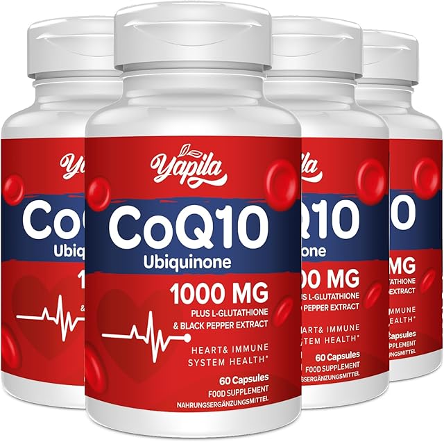 CoQ10 with L-Glutathione 1000mg Capsules - 100% Fermented Coq10 Supplement (4 Pack), High Absorption, Super Strength Coenzyme Q10, Antioxidant Supplements, Soy-Free, Glute-Free, Non-GMO, Vegan