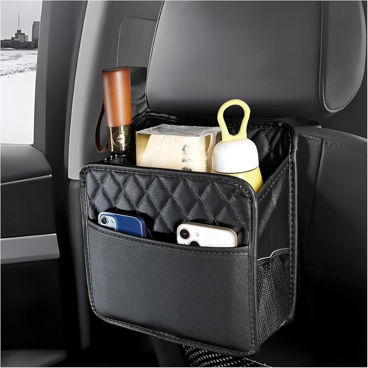 JUSTTOP Car Back Seat Organizer, Hanging Leather Foldable Car Seat Storage Bag with Adjustable Strap, Multipurpose Auto Backseat Organizer Waterproof Hanging Bag with Mesh Pockets (Black)