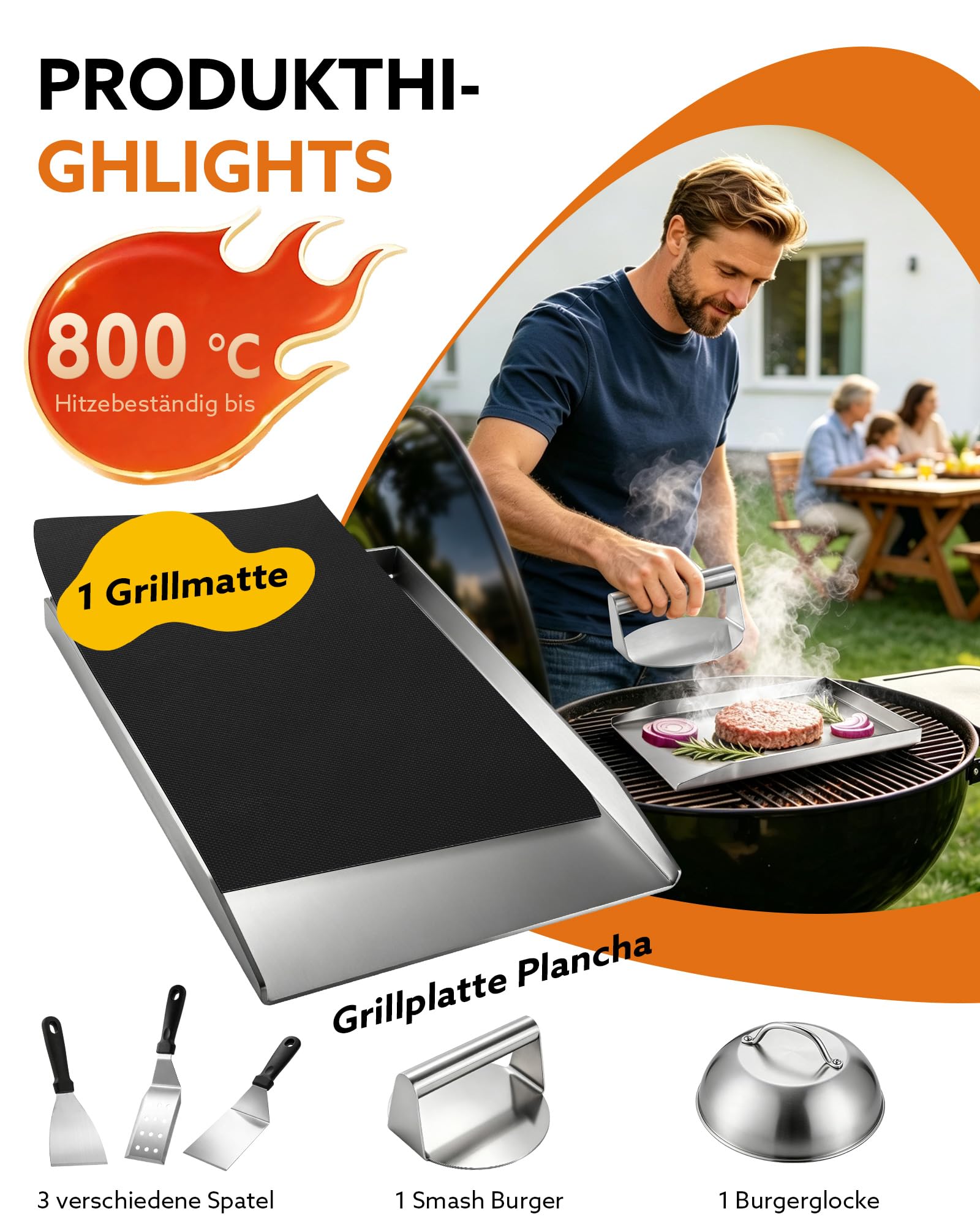 7er Set Plancha Grillplatte Edelstahl 40x30 cm, 4 mm, für Gasgrill und BBQ