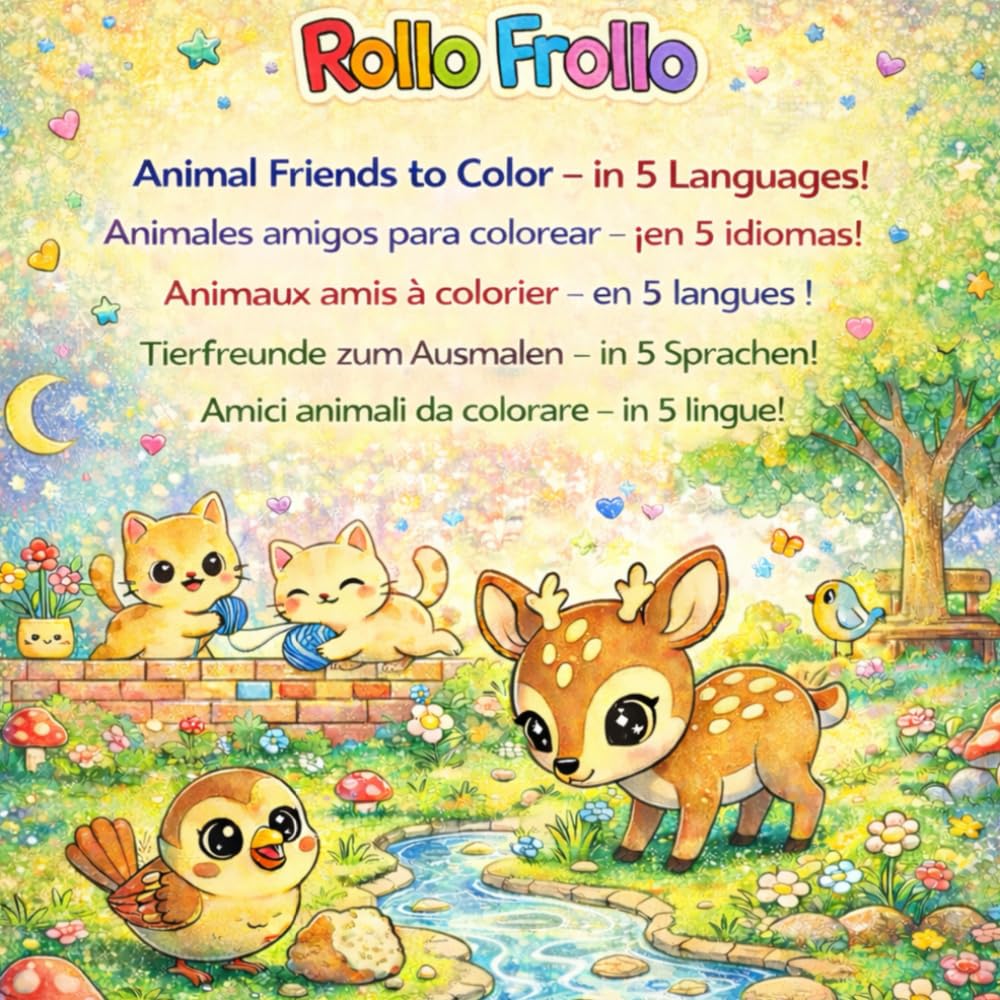 Animal Friends Coloring Book in 5 Languages: Learn the names of animals in English, Spanish, French, German and Italian! (Rollo Frollo: learn 5 languages while you color!)