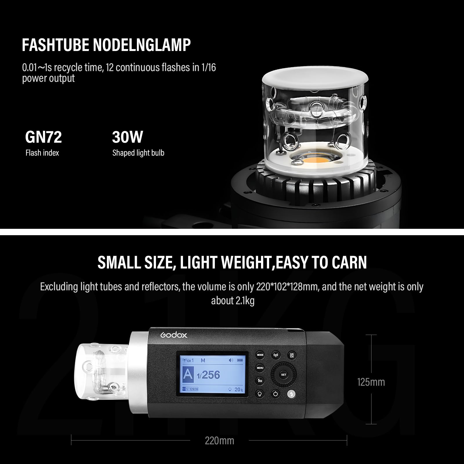 Godox AD400Pro 400W GN72 TTL 1/8000s HSS 2.4G X Sistema All-in-One Flash Speedlite Strobe Light, funzionamento a batteria, 390 Full Power Pops, Tempo di riciclaggio 0,01-1s