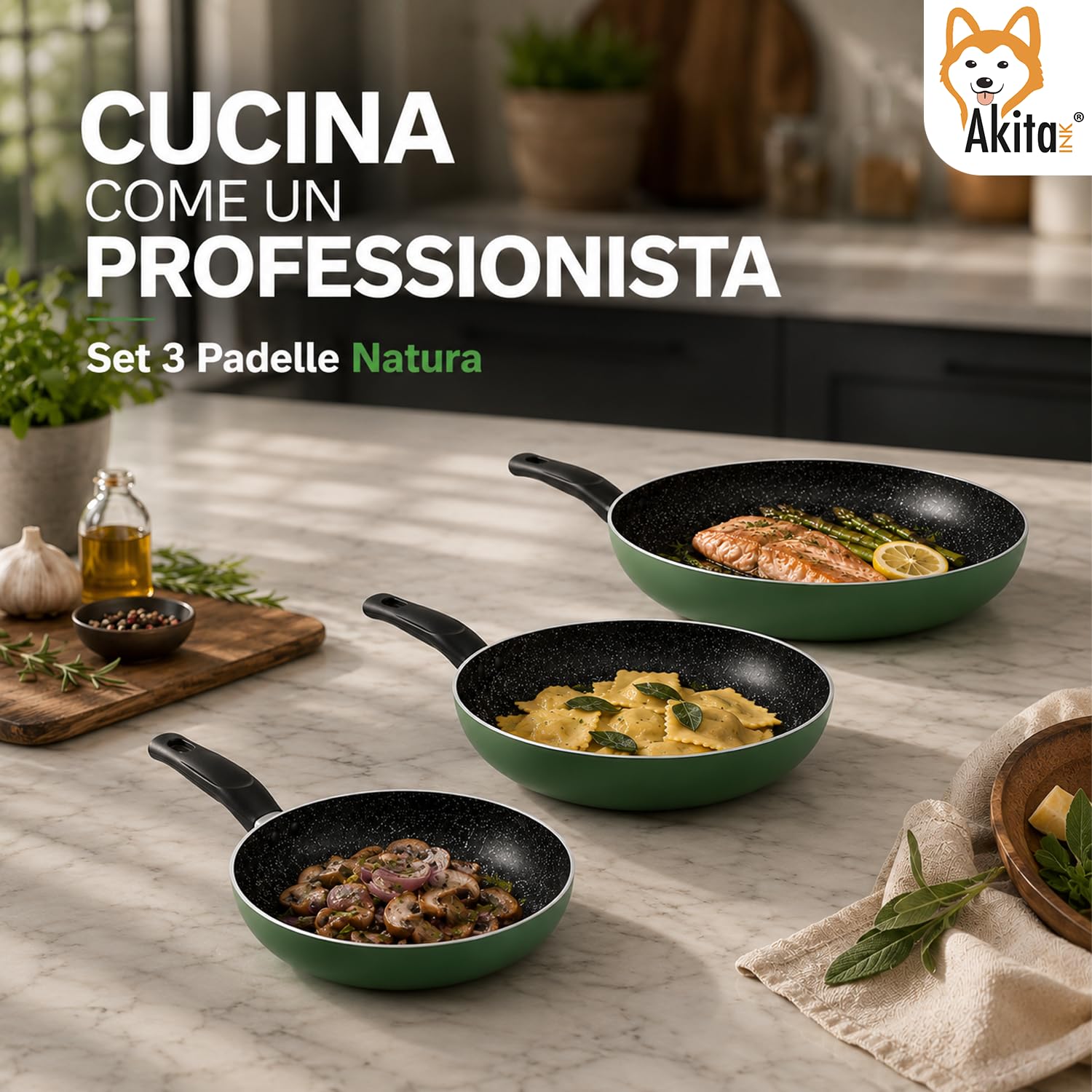 Akitaink Set 3 Padelle Antiaderenti Natura 20, 24 e 28 cm, Batterie di Padelle per Cucina Quotidiana, Resistenti e Pratiche