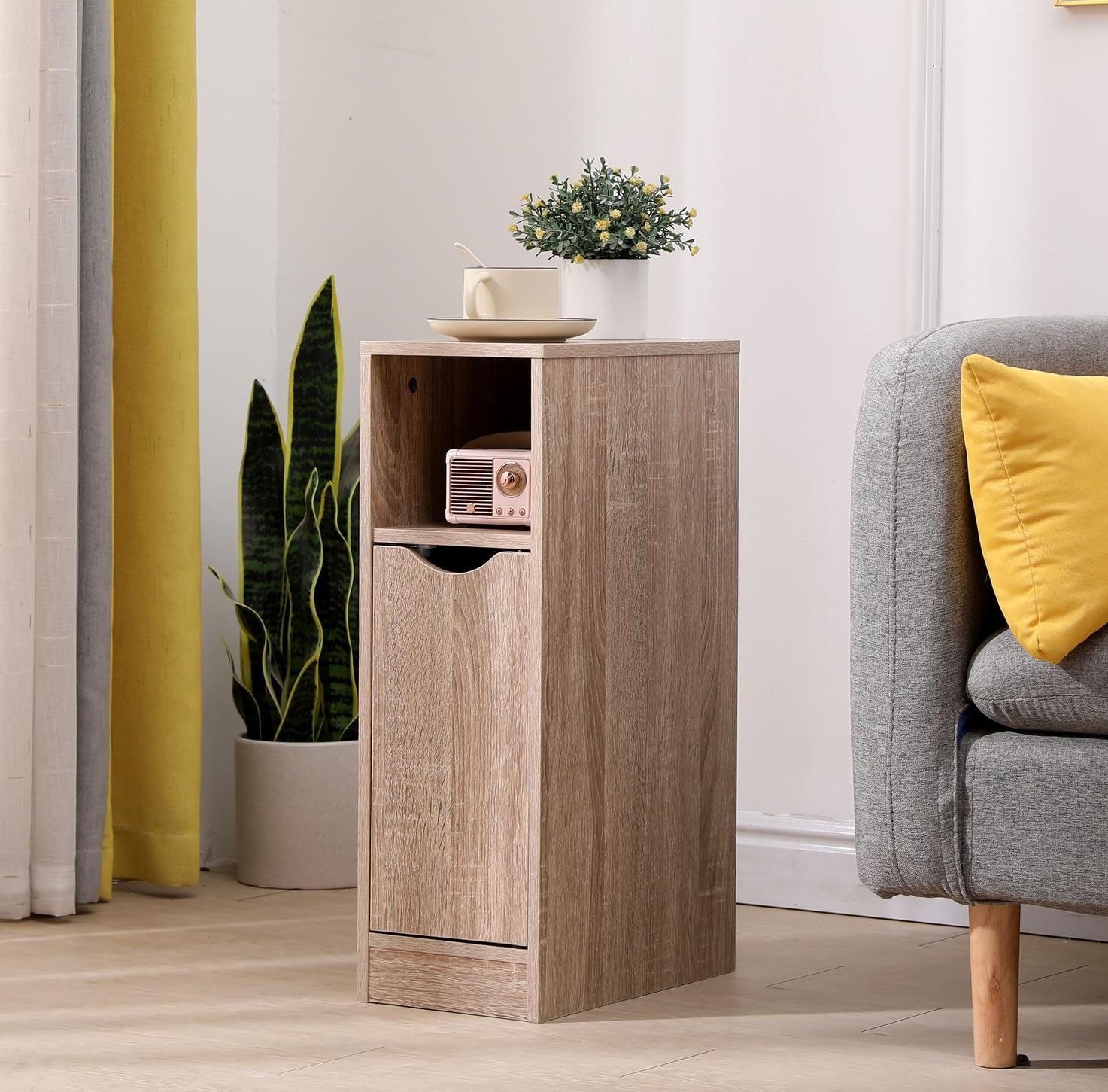 Pantanal 20CM Slim Bedside Table Cabinet Oak with Shelf, Small Narrow Wood Bed Side Table End Table Nightstand for Bedroom Living Room