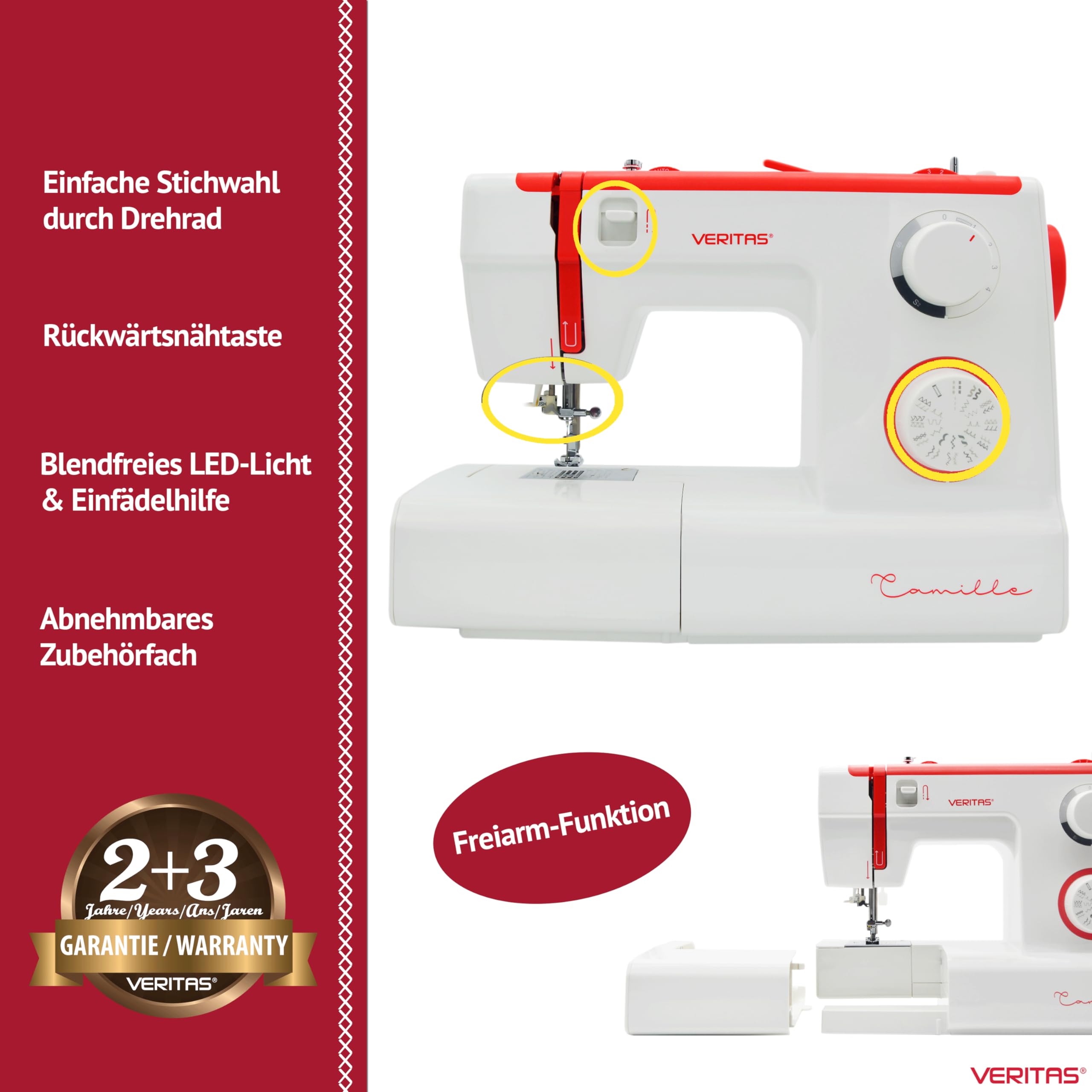 VERITAS Nähmaschine Camille I 32 Stichprogramme I Einfädelhilfe I Einstellbare Stichlänge & Stichbreite I Auto-Fadenspannung & Fadenabschneider I LED-Nählicht I Mechanische Nähmaschine (weiß-rot)