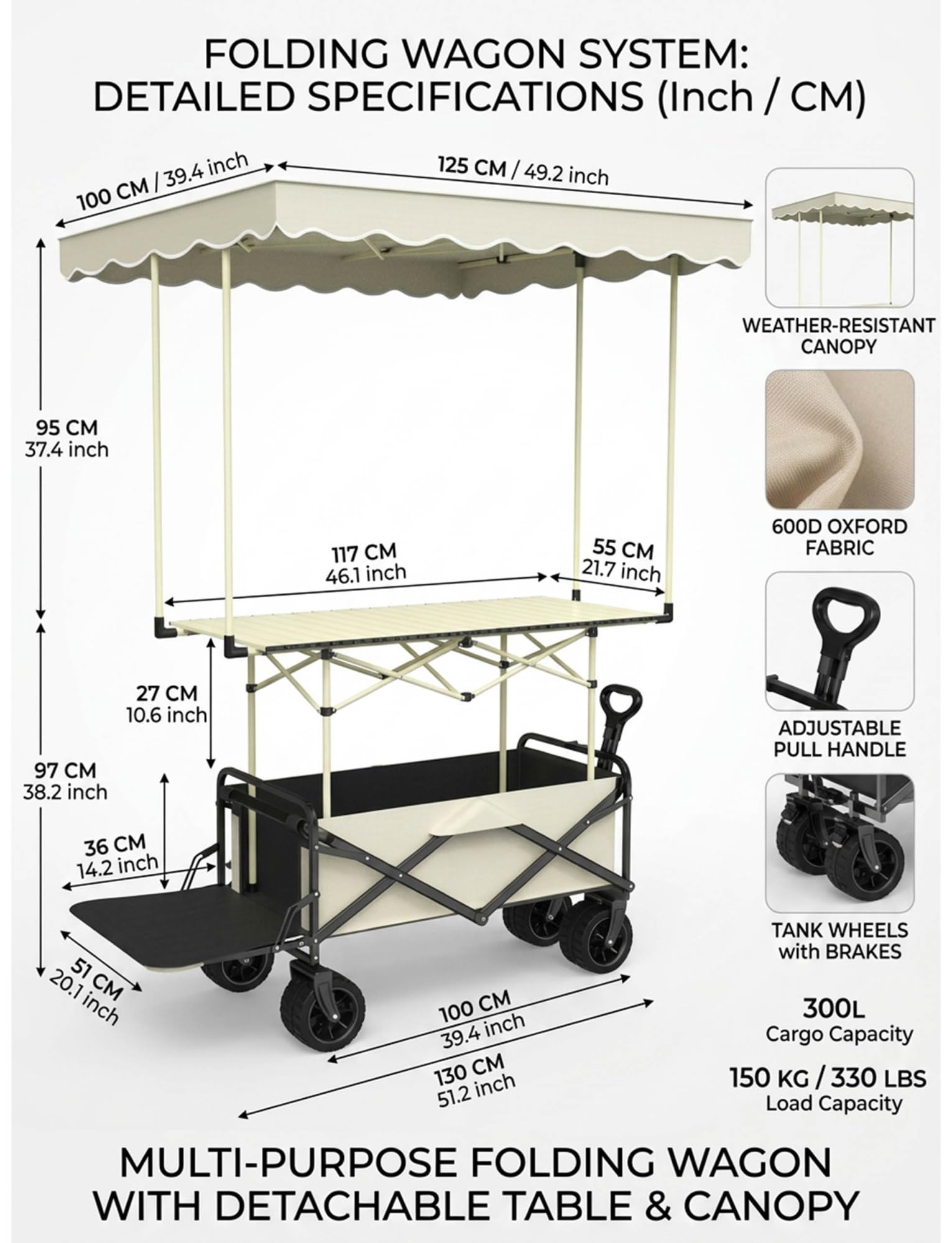 Carrello per alimenti resistente con tettoia, carrello pieghevole per eventi, mercati e festival, carro mobile con tavolo, perfetto per venditori ambulanti