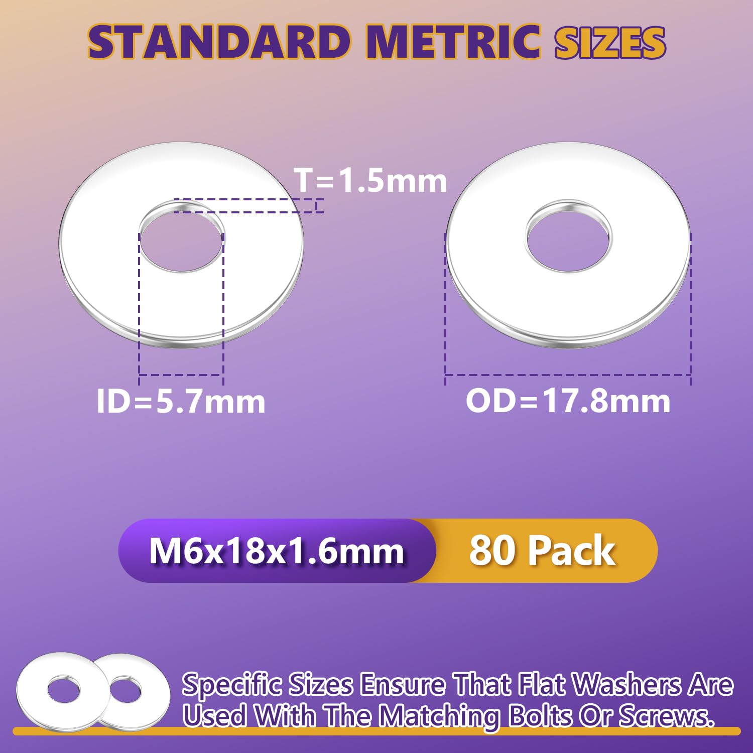 M6 Washers, M6 x 18mm Metal Flat Penny Washer Thickness 1.6mm- A2 304 Stainless Steel Washers (80 Pack) - Image 2