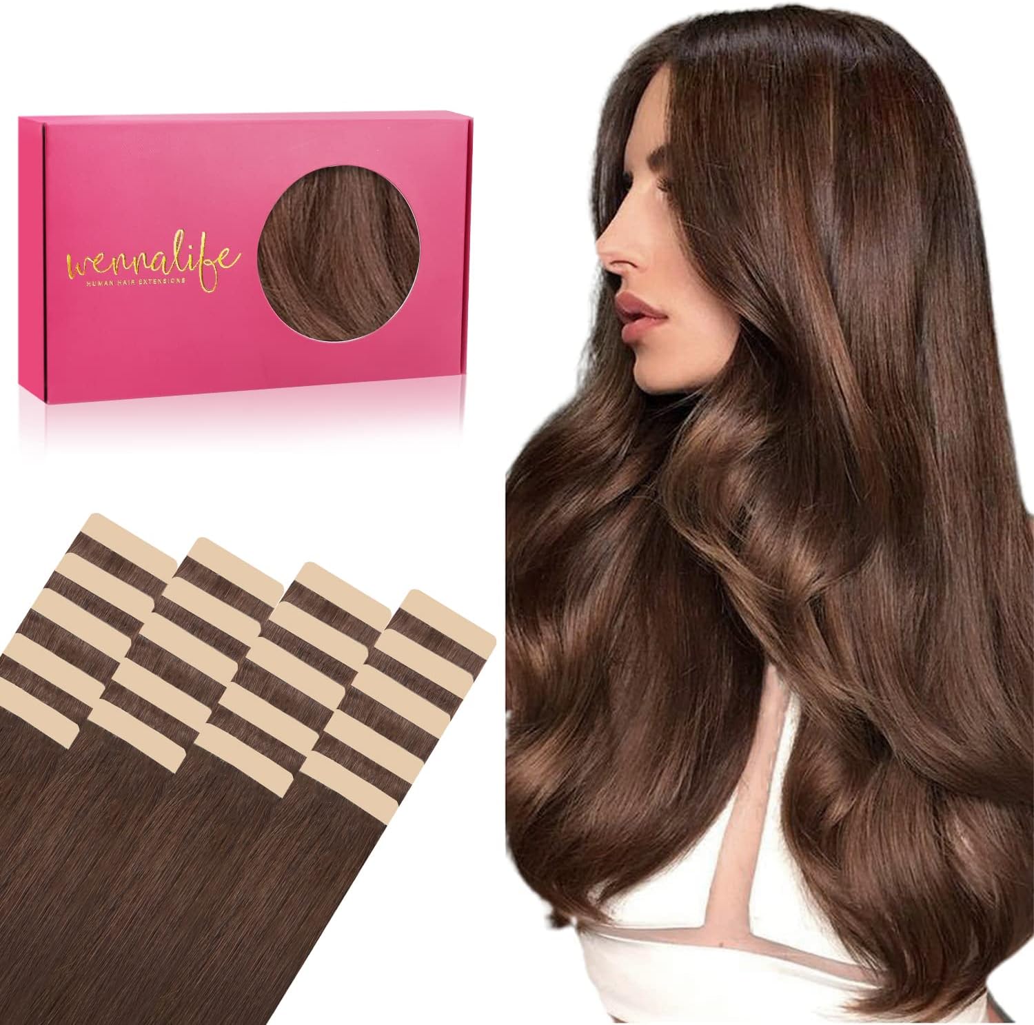 WENNALIFE Tape in Hair Extensions Human Hair, 20pcs 18 inch 50g Chocolate Brown Remy Tape Hair Extensions Real Human Hair Tape Extensions Coloured Hair Extensions