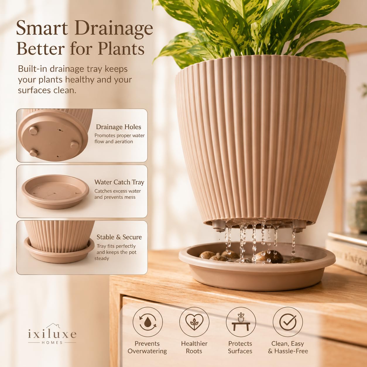 Light Brown Flower Pots Set of 5 - Modern Plant Planters -6 Light Brown Flower Pots Set of 5 - Modern Plant Planters -6