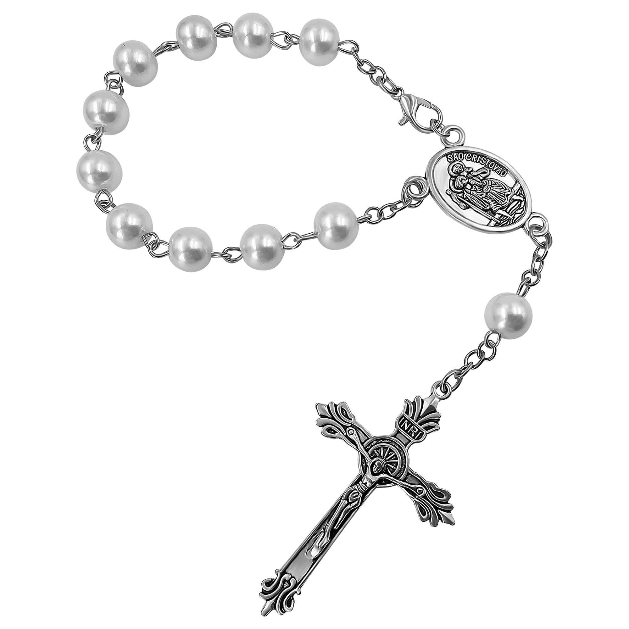 Saint Christopher Medal Car Rosary for Rearview Mirror Glass Beads Catholic One Decade Auto Rosary for Women Men Religious Gift (White Beads)