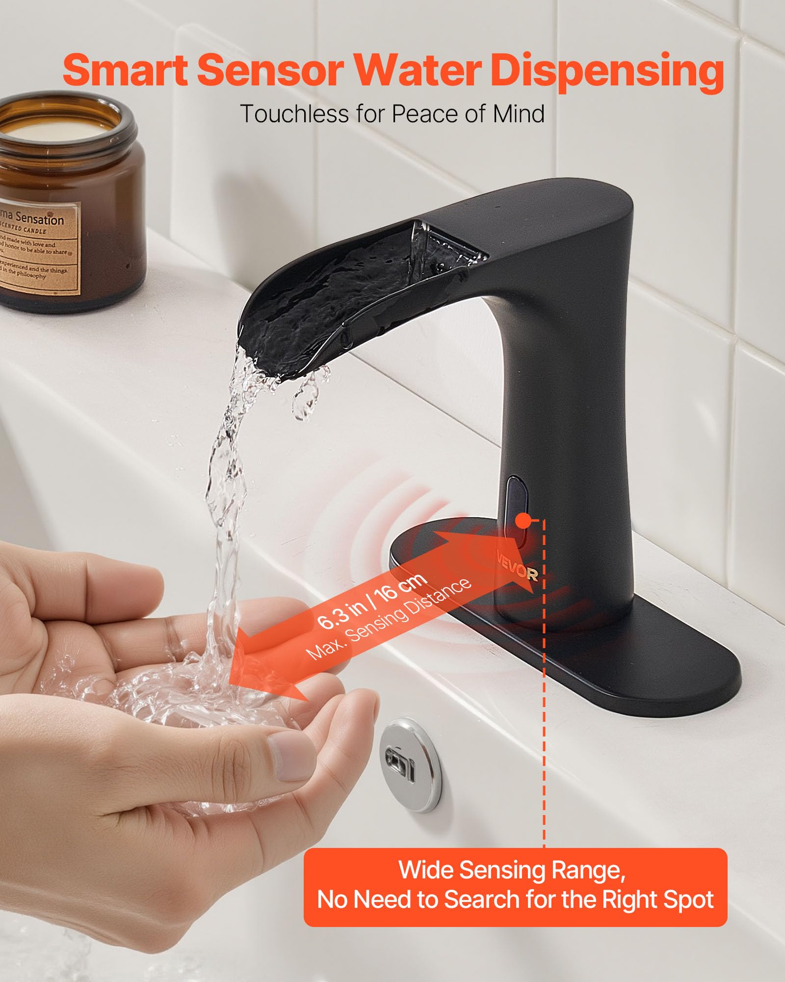 VEVOR Grifo de Lavabo Automático sin Contacto para Baño, Latón, con Sensor y Tapa, Grifo a Pilas, Cascada Semi-Cerrada, Recubrimiento Electroforético, 7,6 L/min, Negro Mate, 160 x 62 x 145 mm