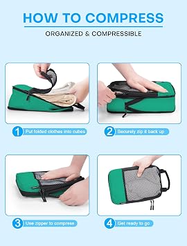 SDGFUI 4 Set/6 Set/8 Set Compression Packing Cubes for Travel, Travel Luggage Cubes Compression, Green, 4 Set