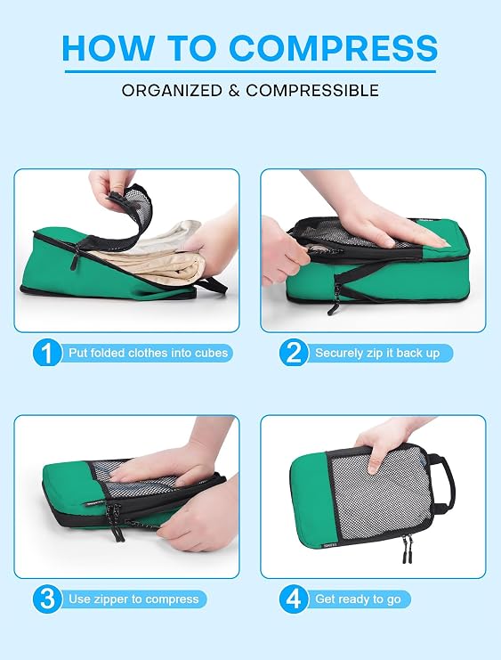 SDGFUI 4 Set/6 Set/8 Set Compression Packing Cubes for Travel, Travel Luggage Cubes Compression, Green, 4 Set
