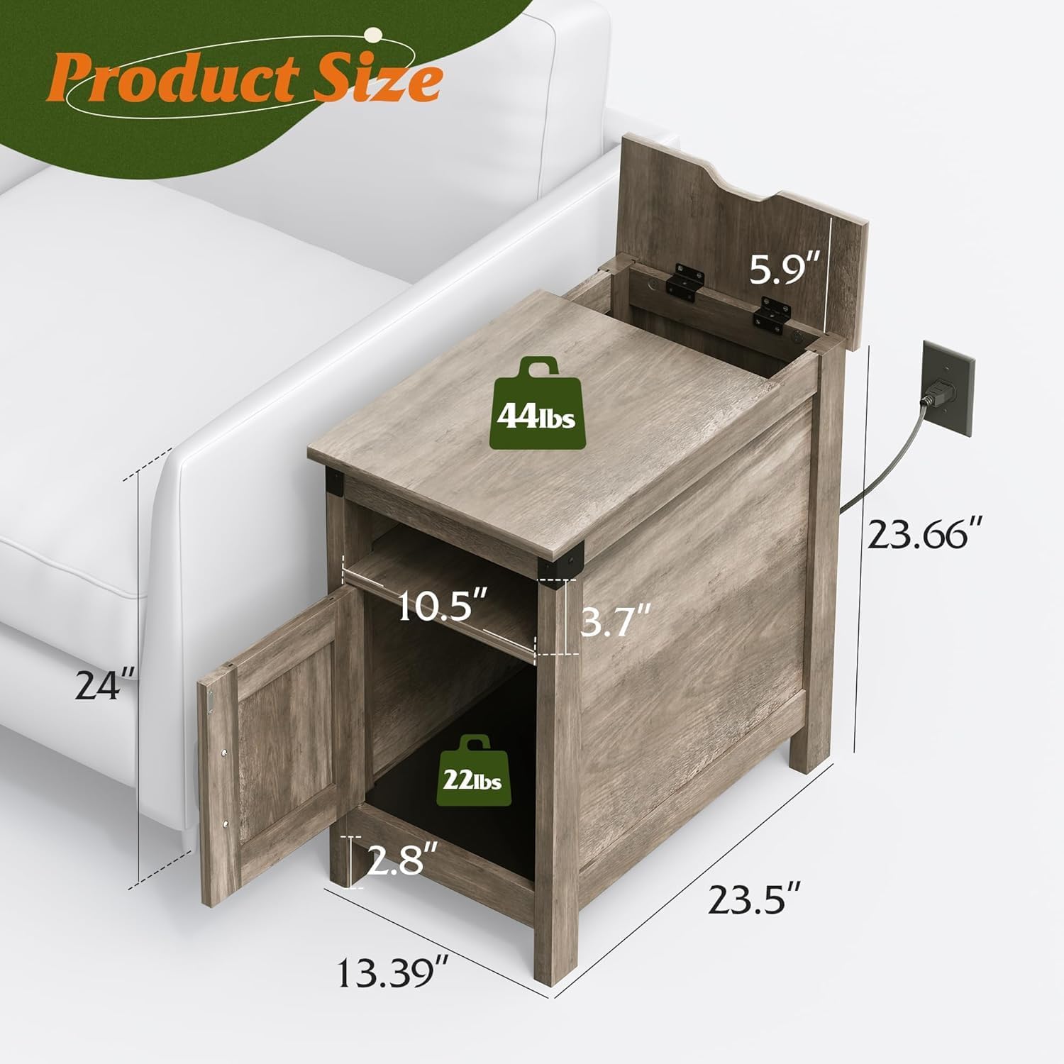 Diagram showing product dimensions and internal storage