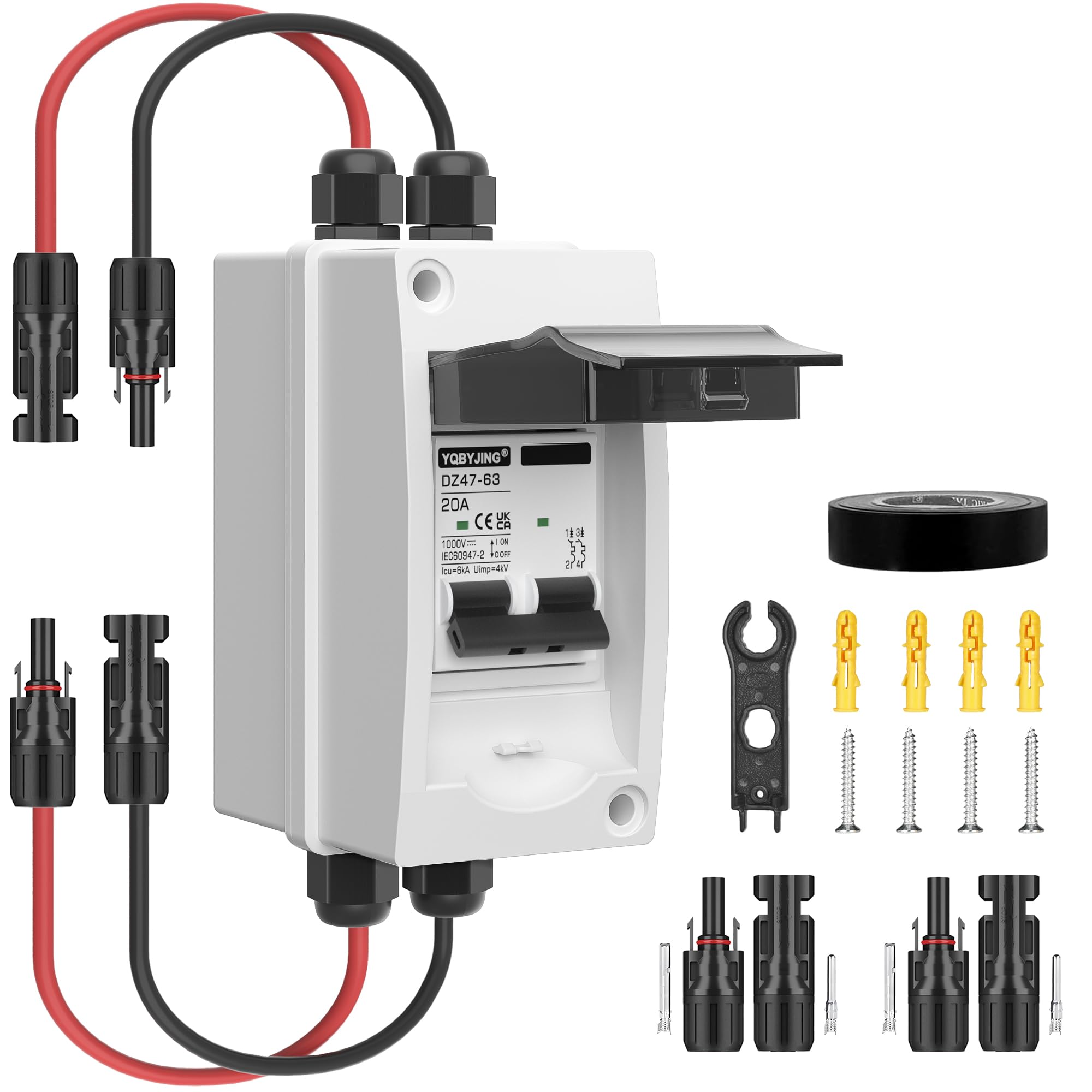 Solar Panel Disconnect Switch 20 Amp DC Miniature Circuit Breaker 1000V 2 Poles with PV Connector and IP65 Waterproof UV-Proof Box for Outdoor Solar PV Homes Battery