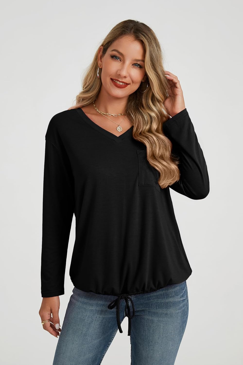 V Neck Long Sleeve T Shirts for Women Basic Drawstring Blouse Tees Elastic Hem Spring Fall Tunic Top 2026 Trendy - Image 2