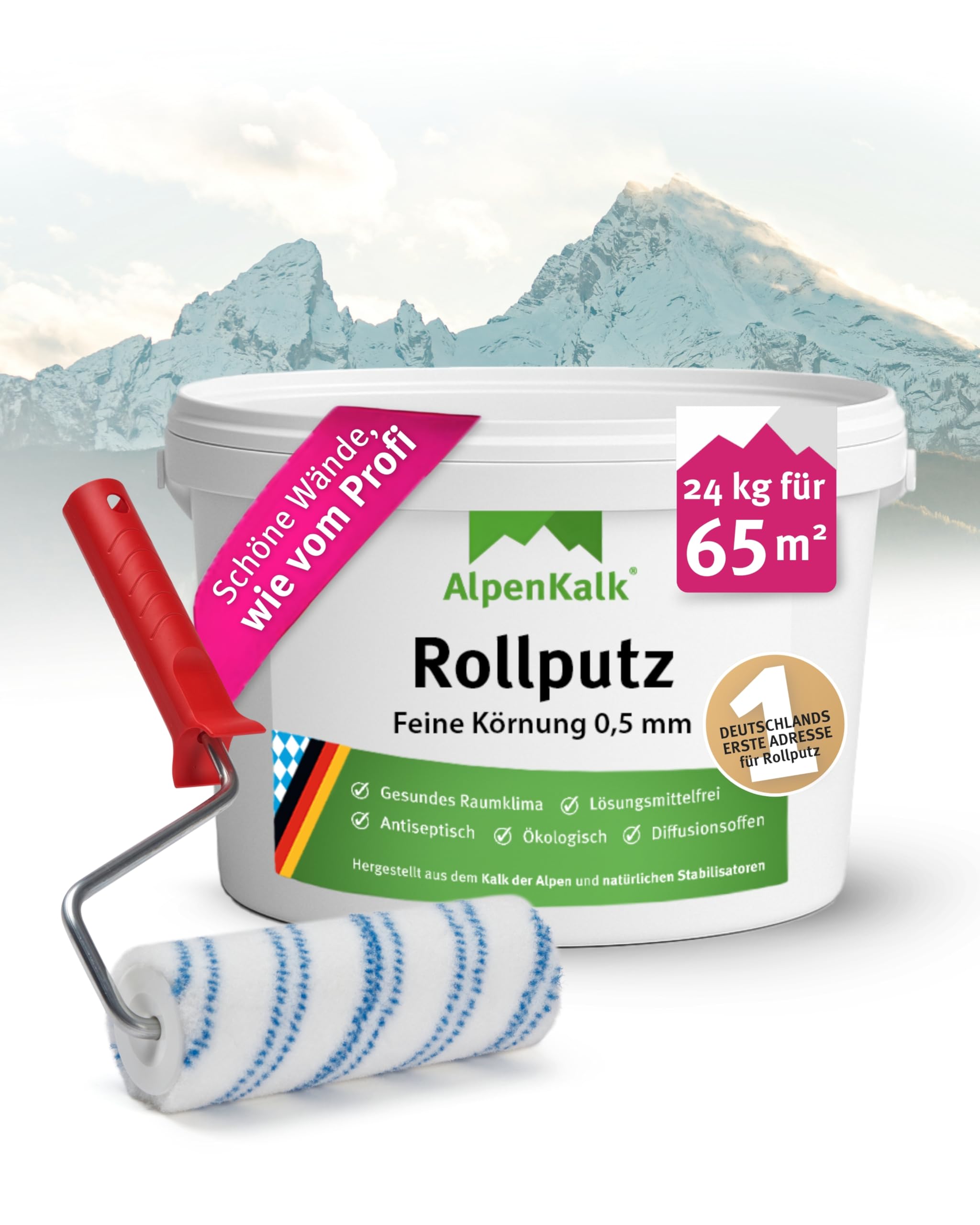 Feiner Rollputz für Innen I 24 kg für ca. 65 m² + Spezialrolle 18 cm I 0,5 mm Körnung I Verarbeitungsfertig & streifenfrei wie vom Profi I Atmungsaktiv, schimmelhemmend & lösungsmittelfrei