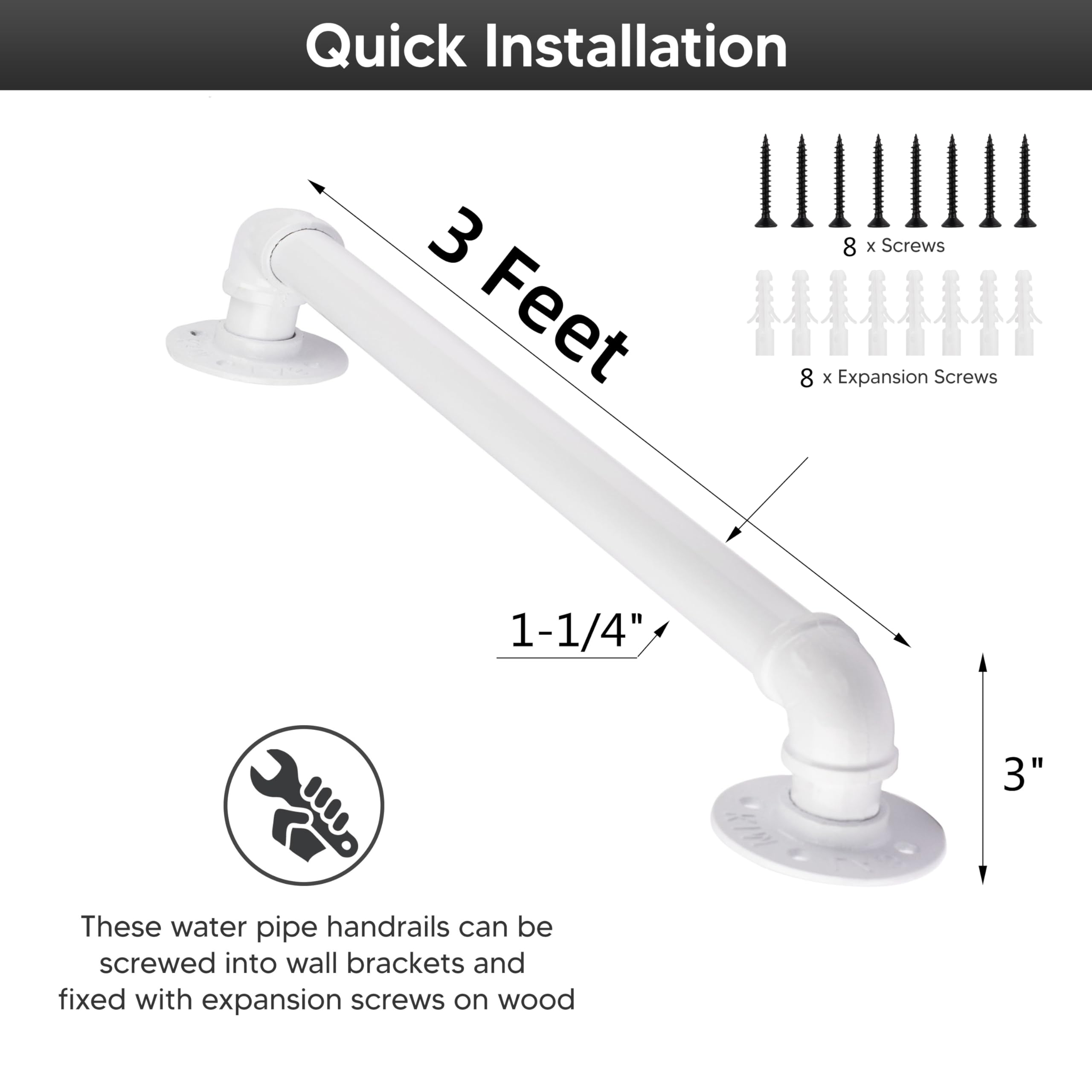 Senmit Handrail for Indoor Stairs - 3 Feet Wall Mount Industrial Iron Pipe - Metal Railing Non-Slip Grab Bar - Stairs Porch Deck Hand Rail White